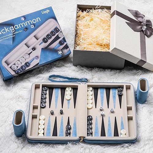 Miniatura 8 de Juegos de backgammon para adultos, juego de mesa clásico con funda plegable de piel sintética de backgammon, juego de backgammon de viaje portátil