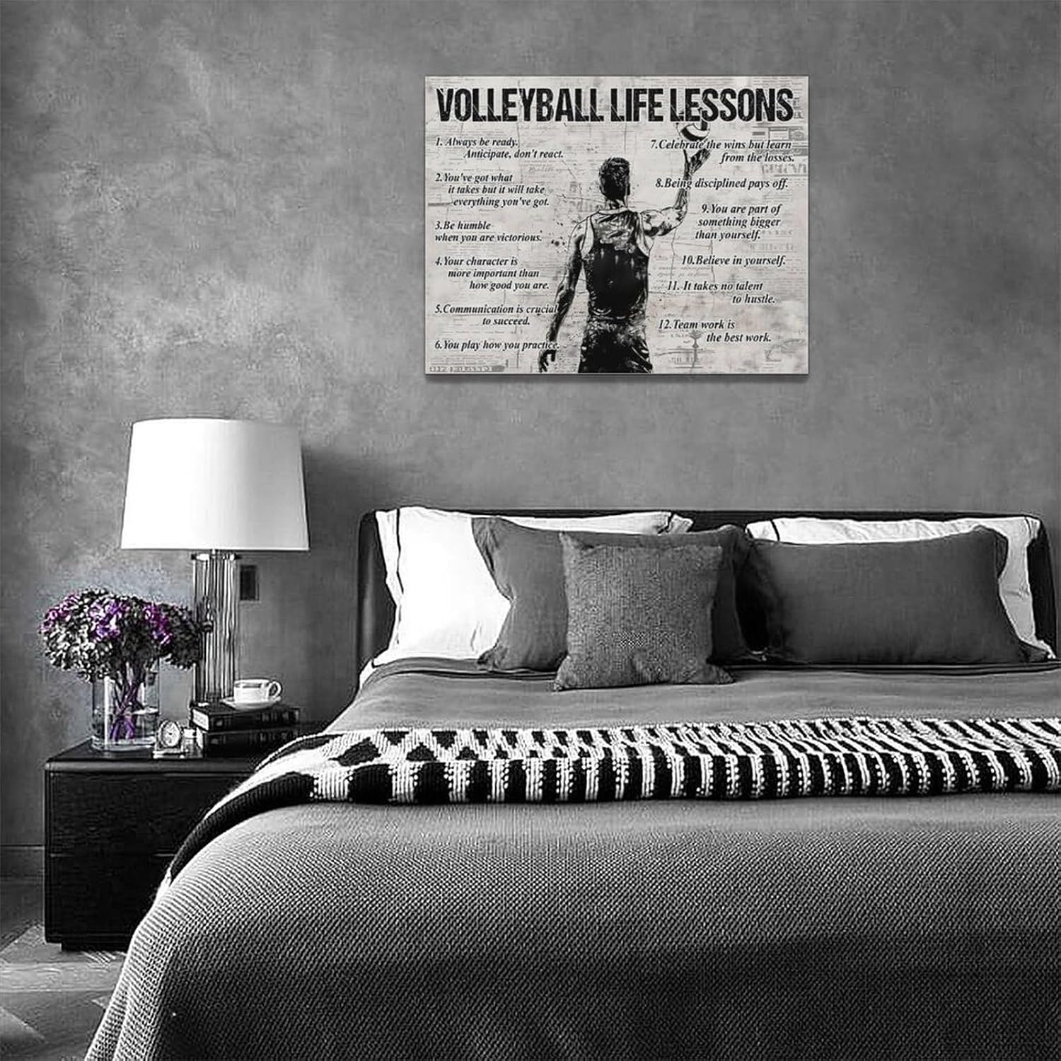 Volleyball Sports Wall Art Volleyball Life Lessons Wall Decor Volleyball Sign Retro Poster Boy Men Room Motivational Decorations Canvas Print Painting Artwork for Bedroom Bathroom Living Room 16"x12"