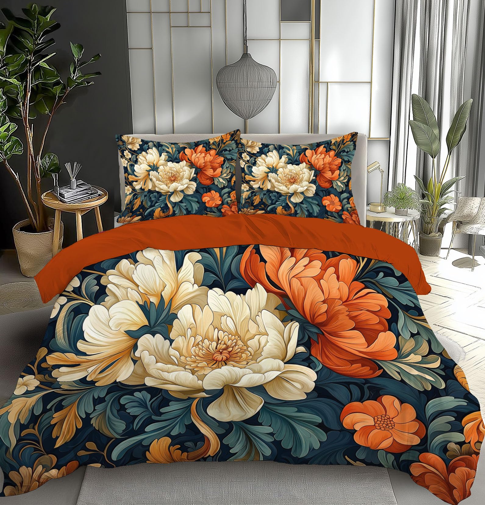 Housse de couette bleu foncé orange 3 pièces avec parure de lit microfine 200x200
