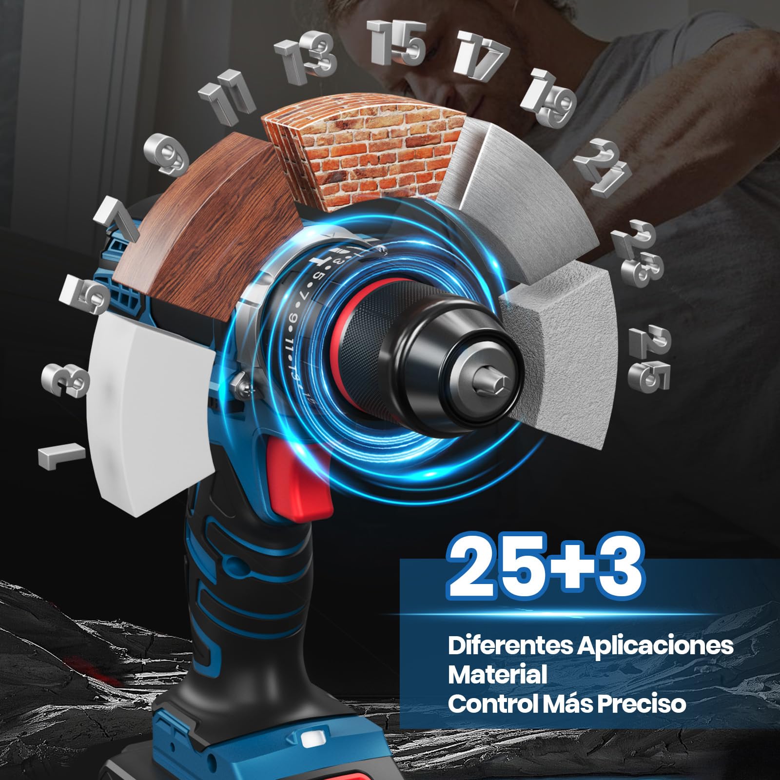 21V Taladro Percutor a Bateria, Taladro Inalámbrico con 2x2,0Ah Baterías, Taladro Atornillador Batería Torque Máximo 45Nm, 25+3 Ajustes Torque, Doble Velocidad, Luz LED, 29 Piezas Accesorios