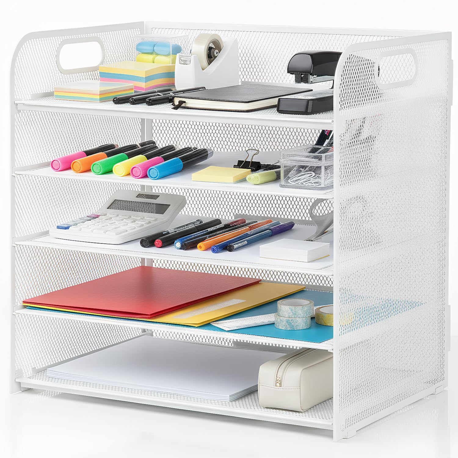 Duscdesp 5 Tier Desk Organiser with Handle,Metal Mesh File Organiser,A4 Desktop Filling Paper Tray Organizer,Desk Tidy Letter Magazine Rack for Home,Office,School (White)
