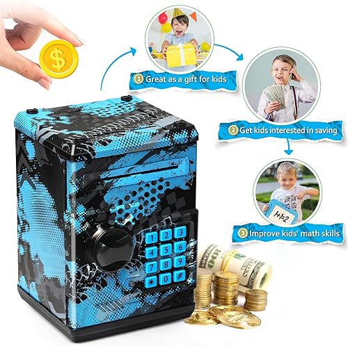 Miniatura 14 de ATM Piggy Bank for Boys Girls, Vcertcpl Mini ATM Coin Bank Money Saving Box with Password, Kids Safe Money Jar for Adults with Auto Grab Bill Slot