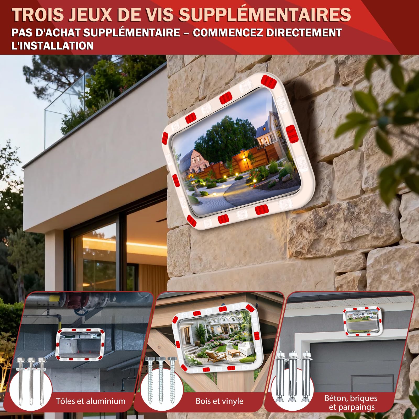 moveland Miroir de Circulation 60 x 40 cm, Miroir Convexe en Acrylique | Support métal réglable à 90°, montage mural ou sur poteau, bandes réfléchissantes, pour garage, allée et parking