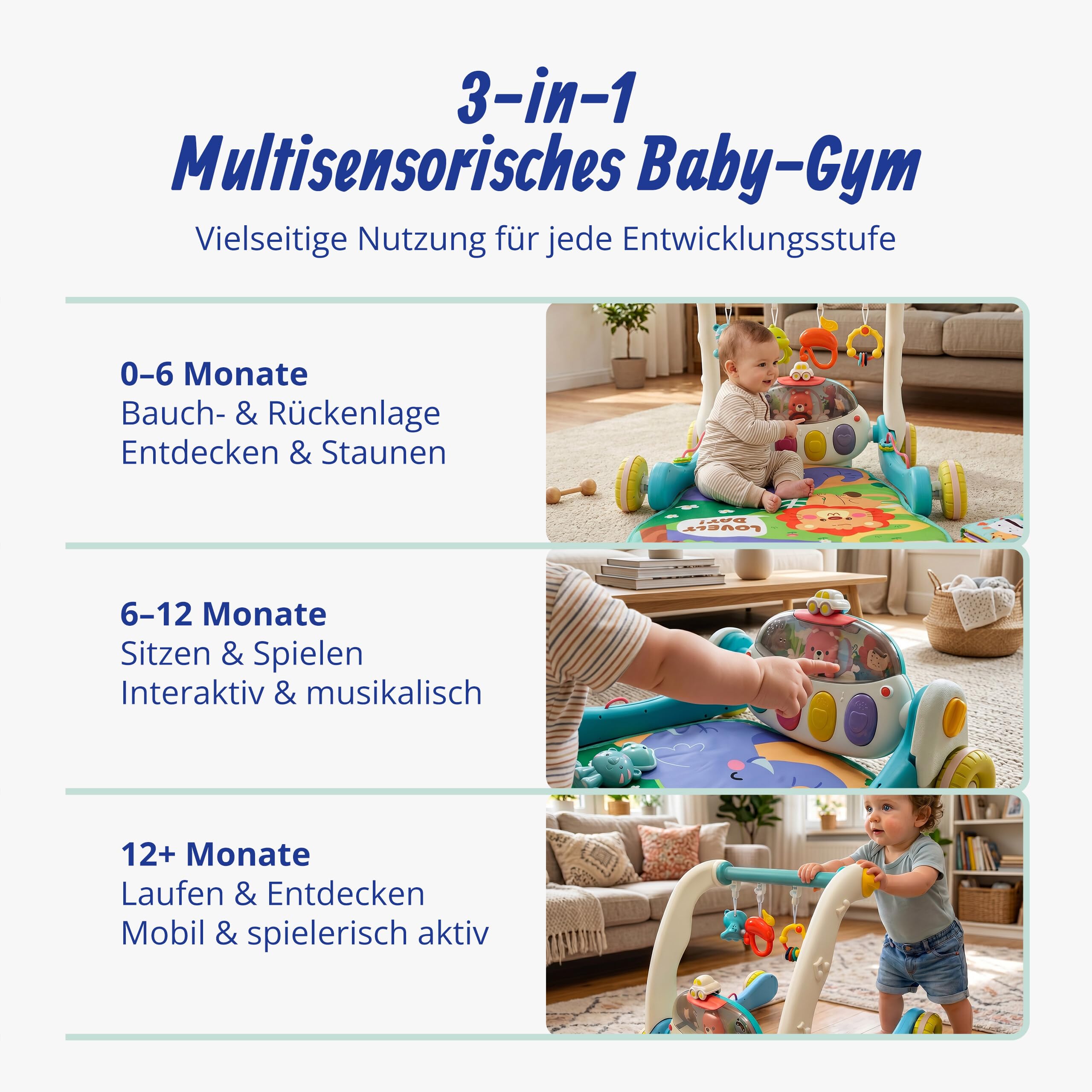 Relaxdays Spielbogen, mit Spielzeug, Rollen, Musik & Licht, blau | HBT: 41 x 58 x 75 cm, Baby Gym, Krabbeldecke Dschungel