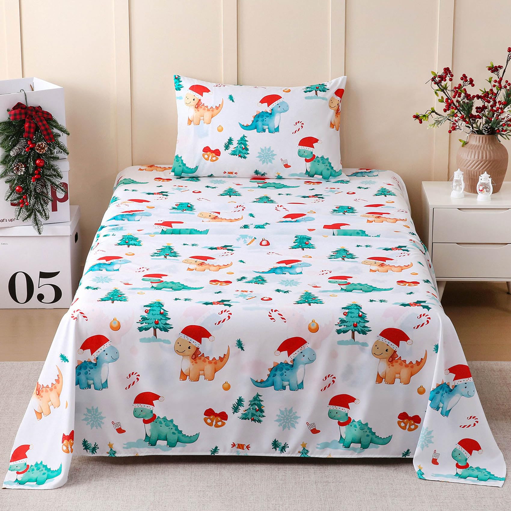 JSD Dinosaur Christmas Kids Twin Sheet Set 3 Piece