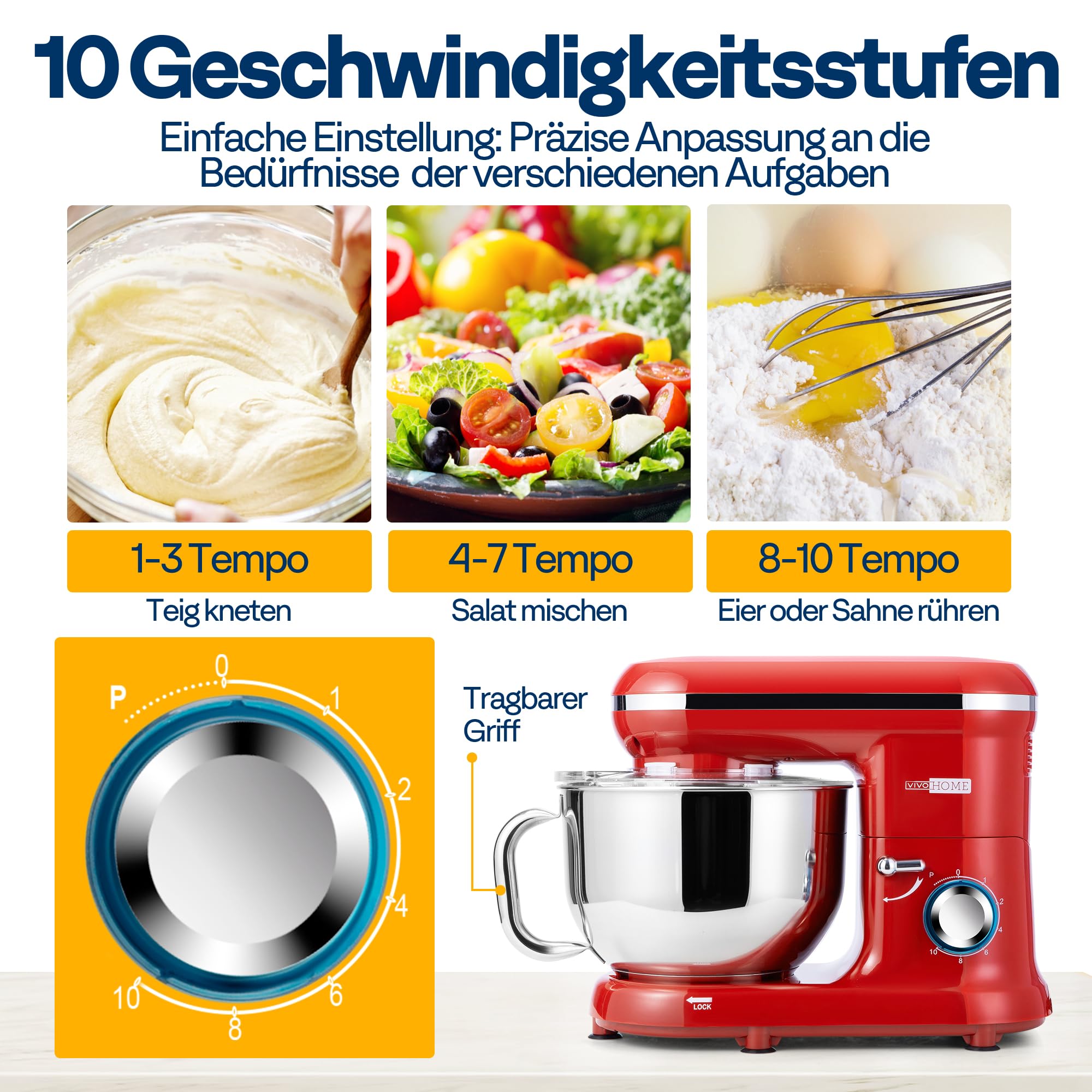 VIVOHOME 1500W Küchenmaschine,5,7L mit Edelstahlrührschüssel | 10 Stufen und Pulsfunktion Teigmaschine mit Spritzschutz Knethaken und Rührbesen für Brot und Kuchenteig,Rot
