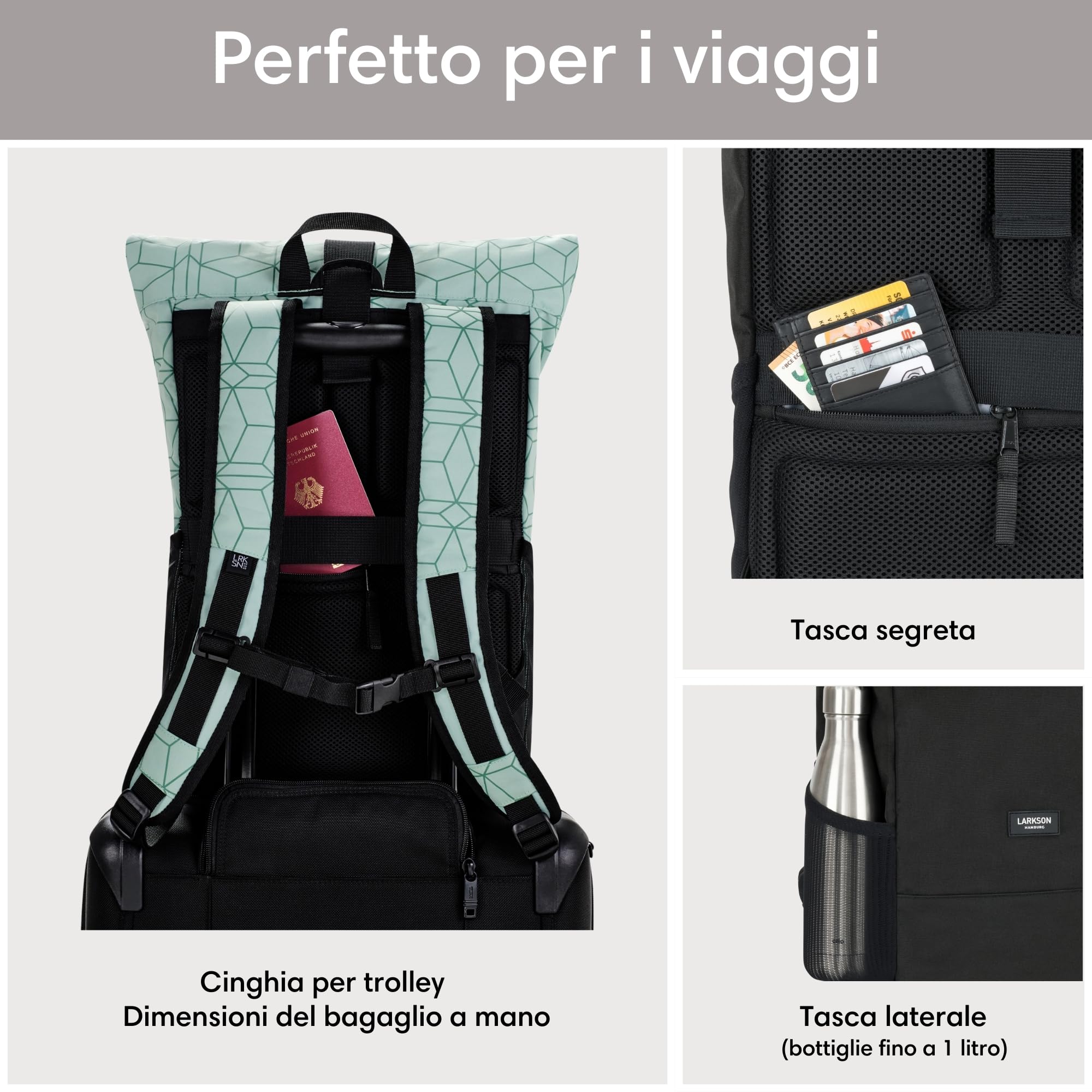 LARKSON Zaino Roll Top Uomo Donna - No 4 - Zainetto per Lavoro, Viaggio, Università - Porta Pc 16 Pollici - Materiale Sostenibile - Impermeabile