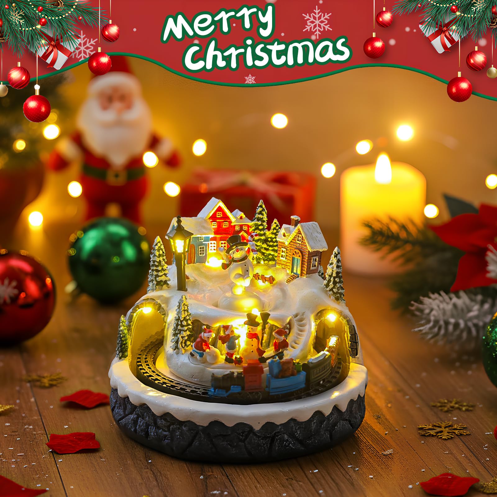 Décoration de village de Noël avec train rotatif et bonhomme de neige, bâtiments musicaux de collection, 8 chansons, lumières LED, fonction minuteur et deux options d'alimentation (USB ou batterie