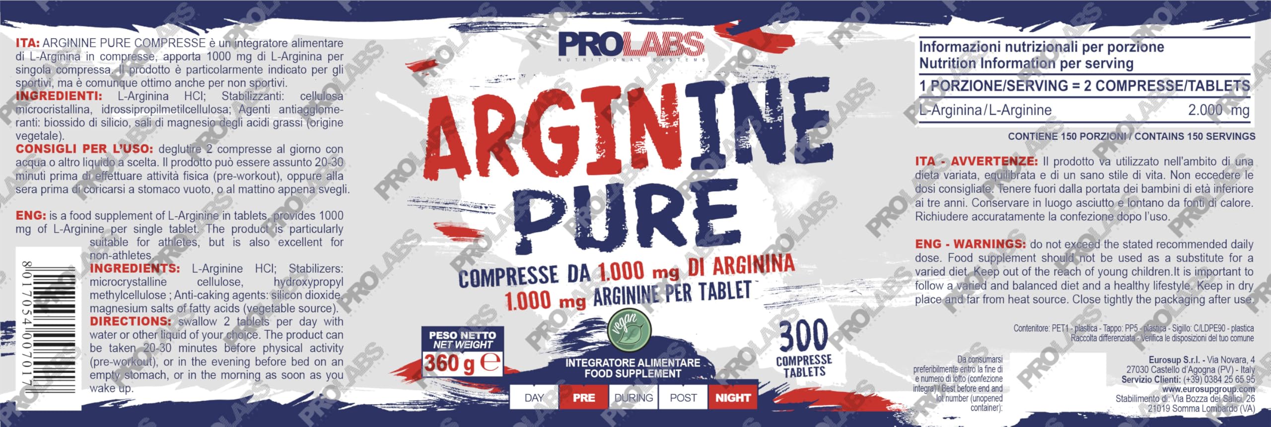 PROLABS – Arginina Arginine Pure (1000mg x Compressa) ad Alto Dosaggio, Integratore di Pura L-Arginina di Alta Qualità Pre Workout, Supporta GH e Pump Muscolare - Integratori 100% Vegan, 300 Compresse
