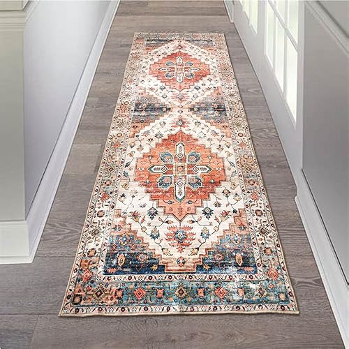 Aopota Hallway Runner Rug with Rubber Backing Low Pile Large Rug Runner Vintage Rug Retro Distressed Carpet Thin Foldable Non Slip Bathroom Kitchen