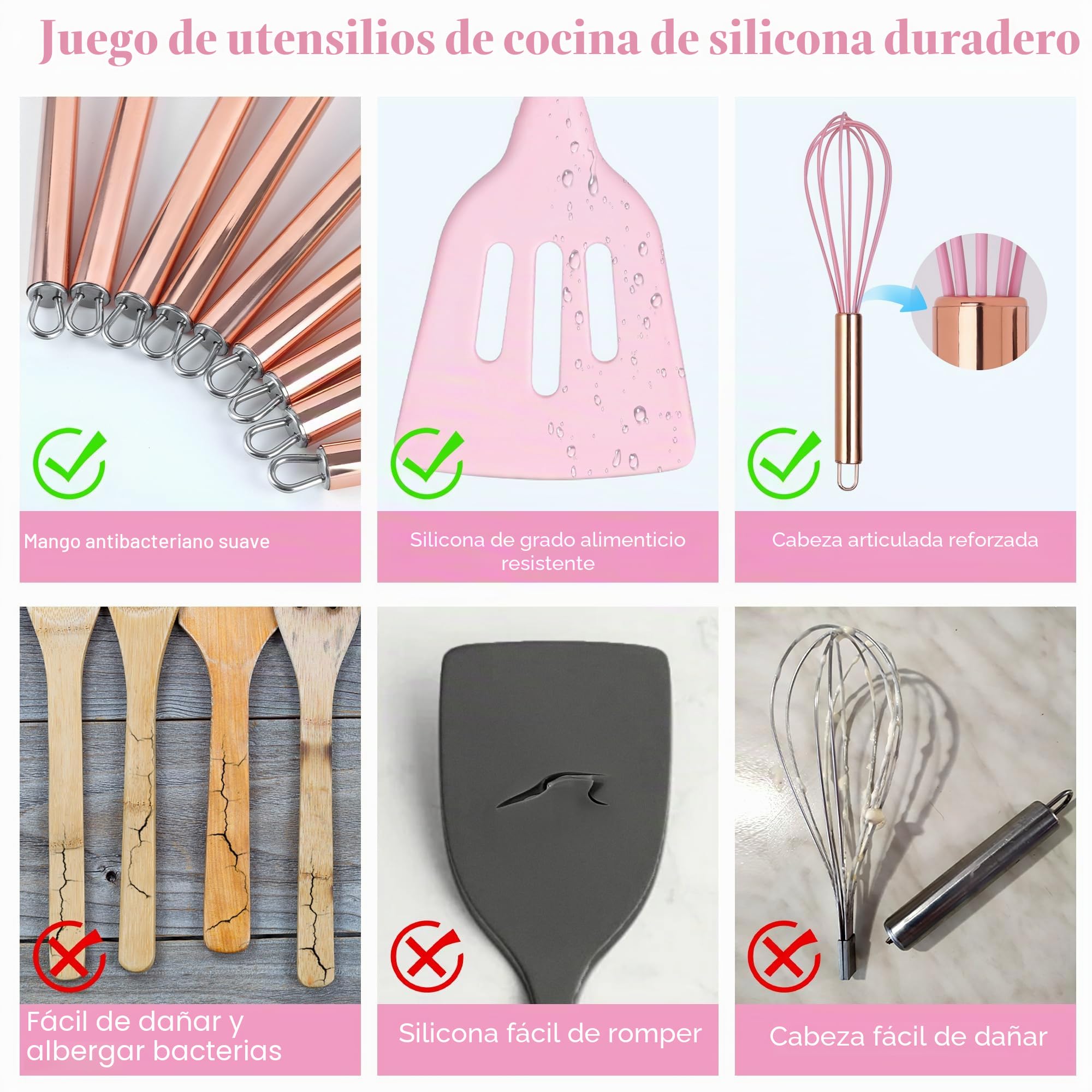 Utensilios De Cocina De Silicona, 22 Piezas Juego De Utensilios De Cocina Resistentes Al Calor Para Sartenes Antiadherentes, Menaje De Cocina Con Mango De Acero Inoxidable (Rosa)