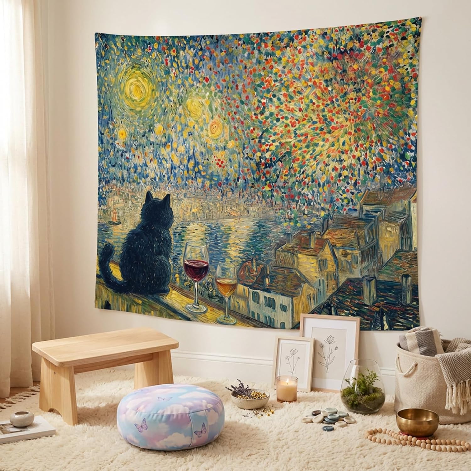 Yeoiat Tapestry Van Gogh Starry Night Cat Tapestries Impressionist Fireworks Cityscape Tapestries Black Cat Wine Glass Wall Tapestry Bedroom Dormitory Living Room Decoration 90"x70"