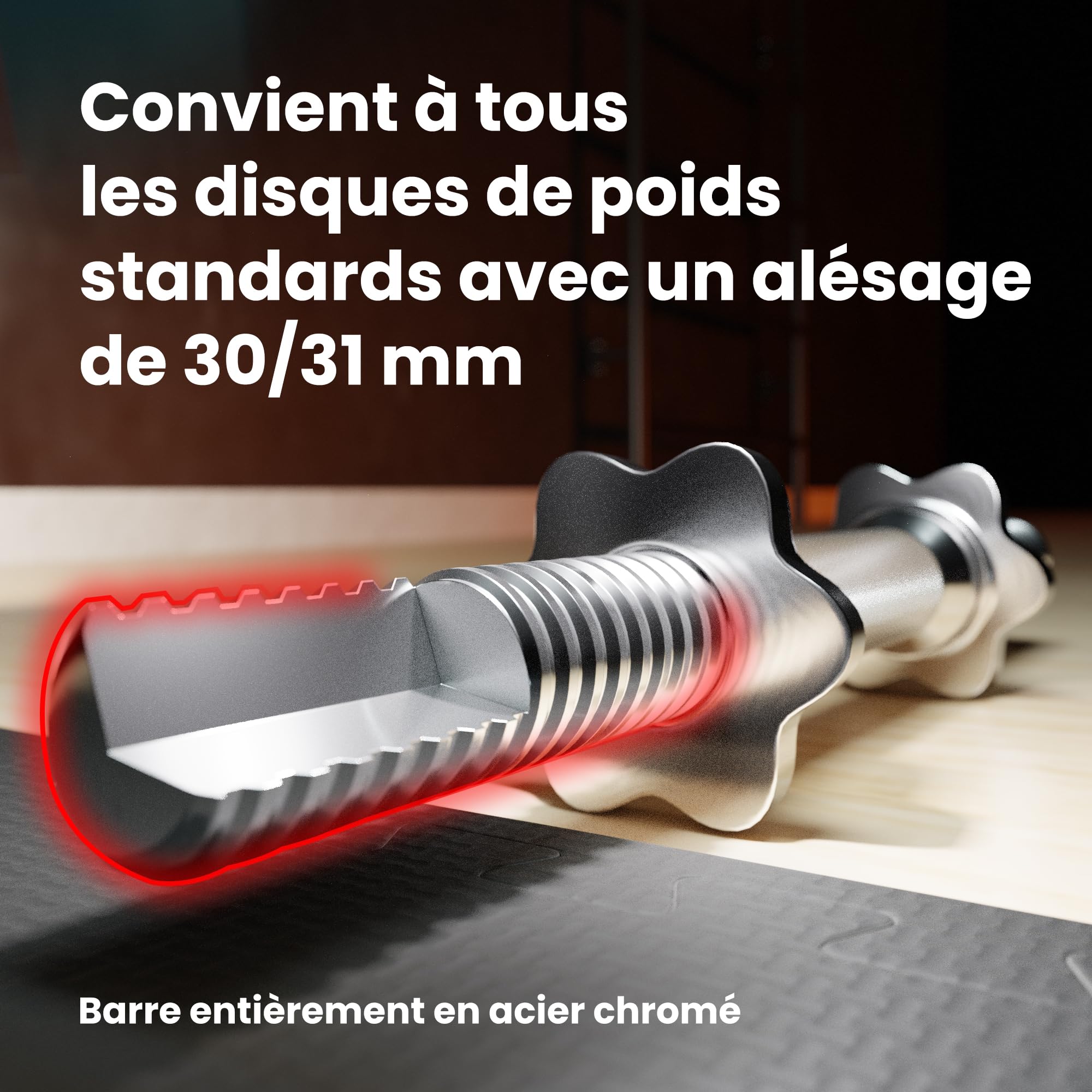 HOP-SPORT® barre de musculation 30 mm, Barre d'haltères longues 167 cm, 150 cm, 180 cm, super SZ 120 cm, courte 40 cm en acier chromé avec filetage, pour disques d’haltère 31 mm, Chrome