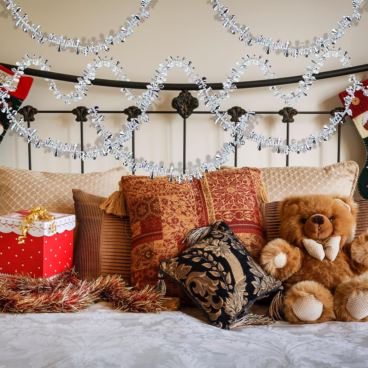 Libima 16個 10フィート クリスマスクリスタルガーランド クリスマスツリー装飾 ガーランド クリア玉虫色 ゴールドビーズガ