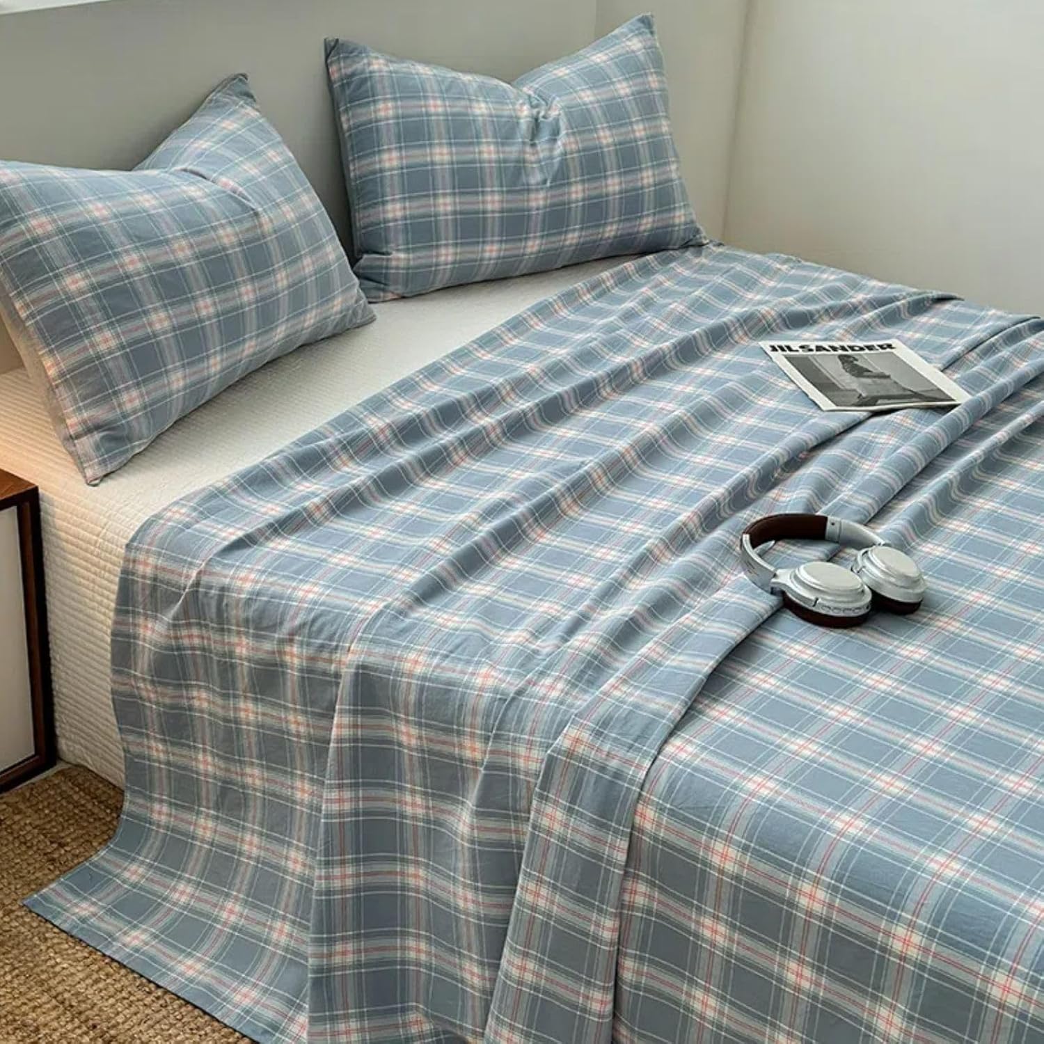 100% Cotton Gingham Sheets 3 Piece Bedding with 1 Flat Sheet & 2 Pillowcases Kids Girls Boys Teens Soft Comfy Bed Sheet for Home School College Gift(Blue Gingham,Toddler 47‘’x91'')