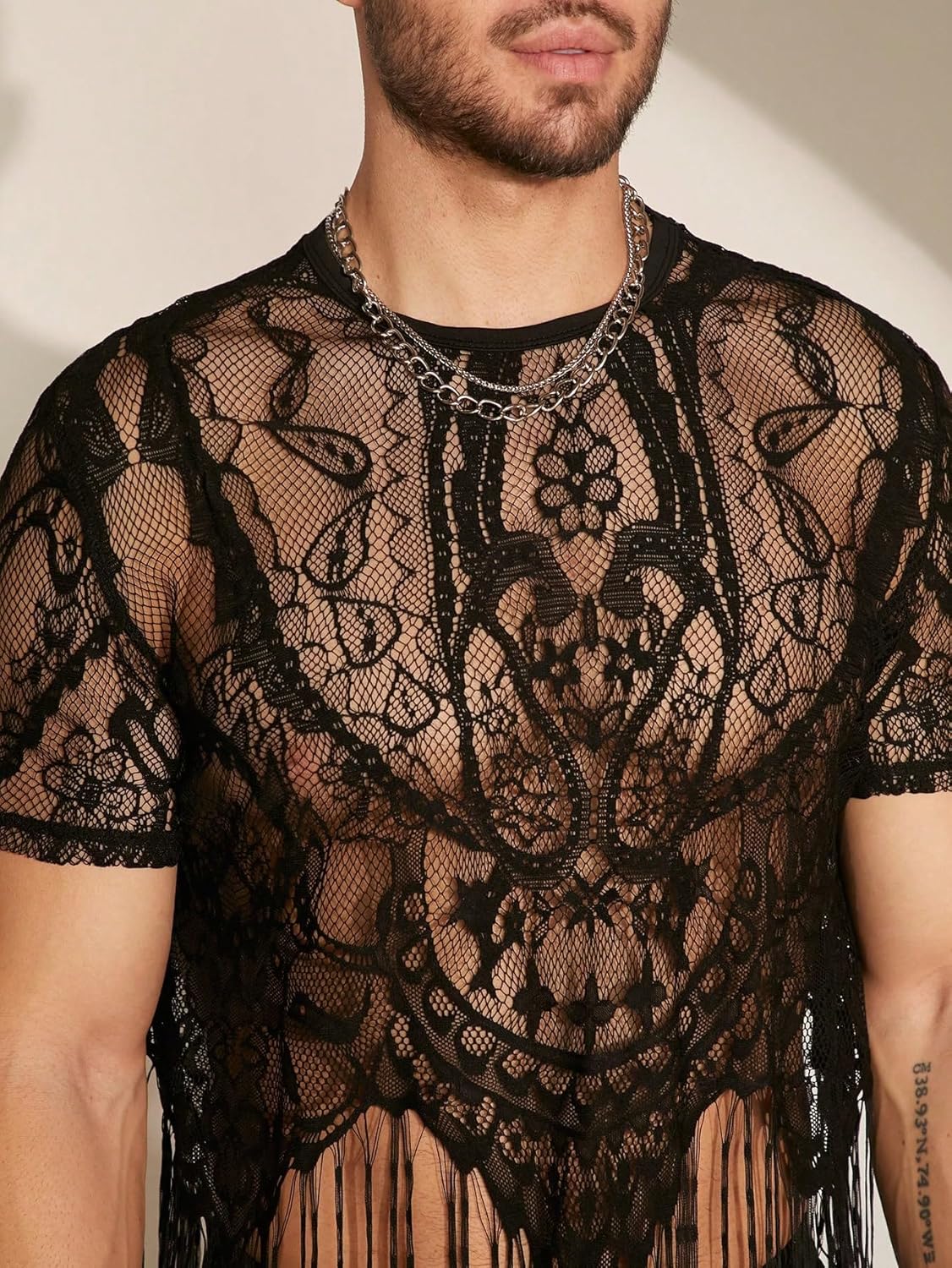 SHENHE Men's Sheer Floral Lace Fringe Short Sleeve Crewneck Cropped Tee Party Shirt Top - Image 3