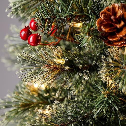 Miniatura 40 de Home Heritage Árbol de Navidad artificial Stanley de 7 pies, preiluminado con conos de pino y bayas, 350 luces incandescentes blancas y 335 puntas