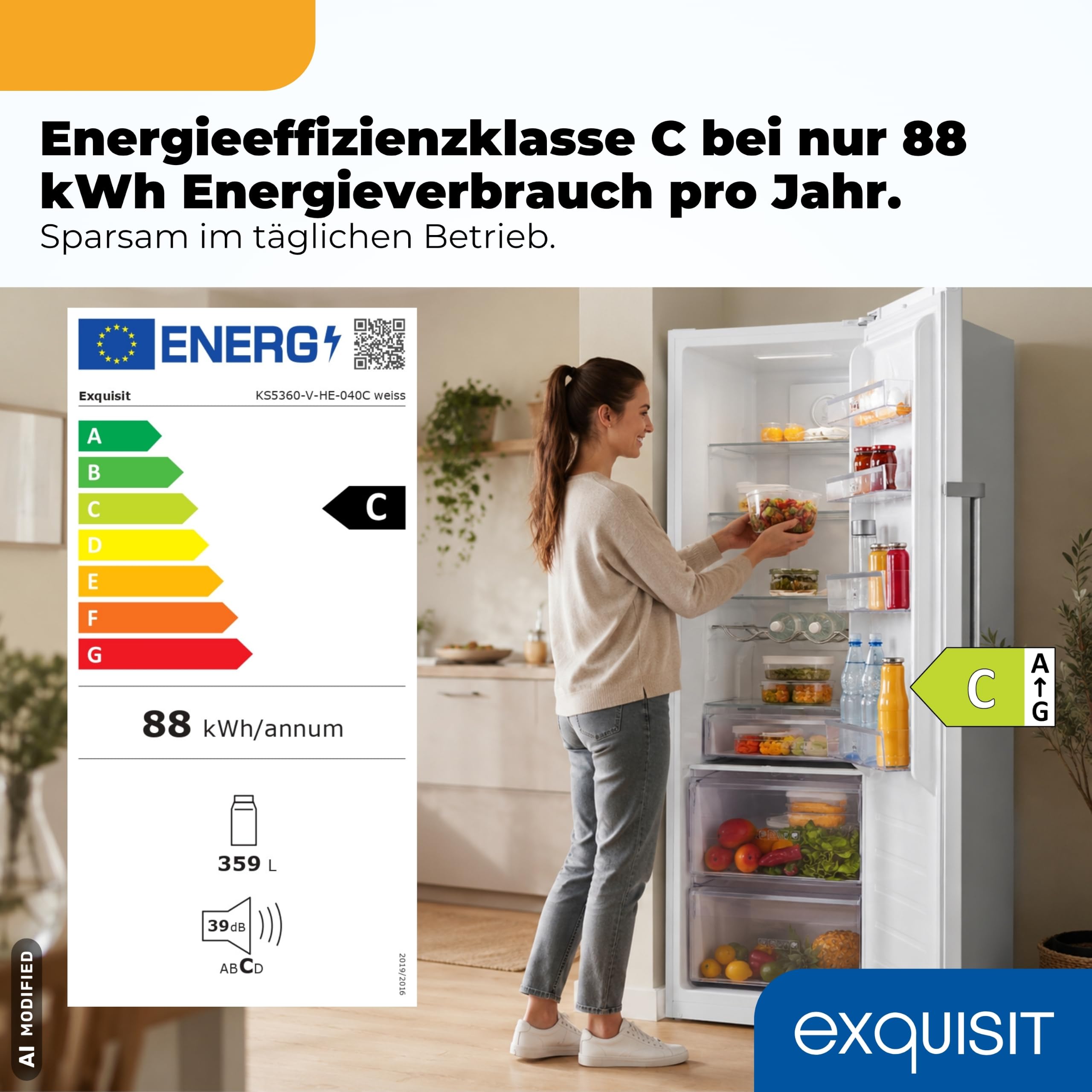 Exquisit Vollraumkühlschrank 359 l | No Frost | Energieklasse C | 39 dB | Super-Kühlen | Digitale Temperaturanzeige | Frischefach | Feuchtigkeitskontrolle | LED-Beleuchtung | Weiß