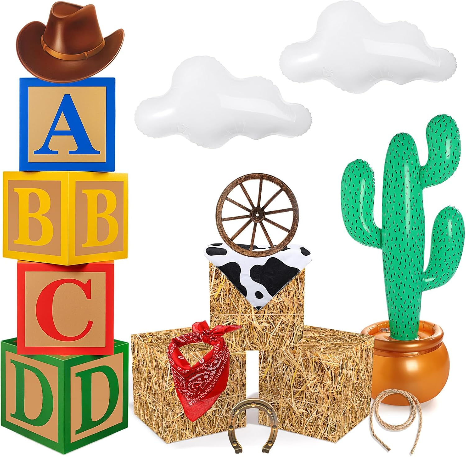 14 Pcs Cowboy Party Decorations Hay Bales ABCD Boxes Western Cowboy Decorations Cloud and Cow for Wild West Themed Birthday Party Supplies