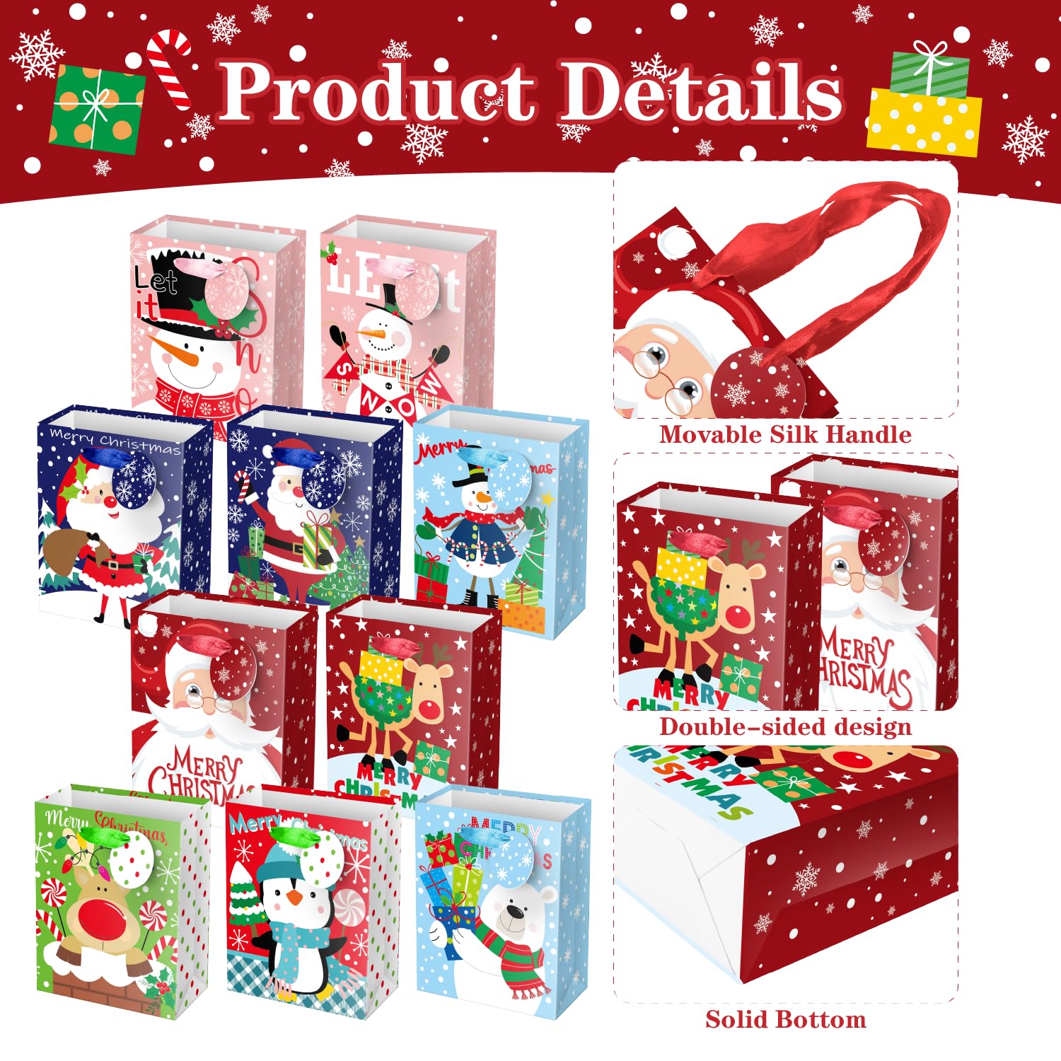 JWSCYSY Paquete de 60 pequeñas bolsas de regalo de Navidad con papel de seda y etiqueta, mini bolsas de papel con asas, diseño de Navidad surtido para envolver regalos de Navidad.