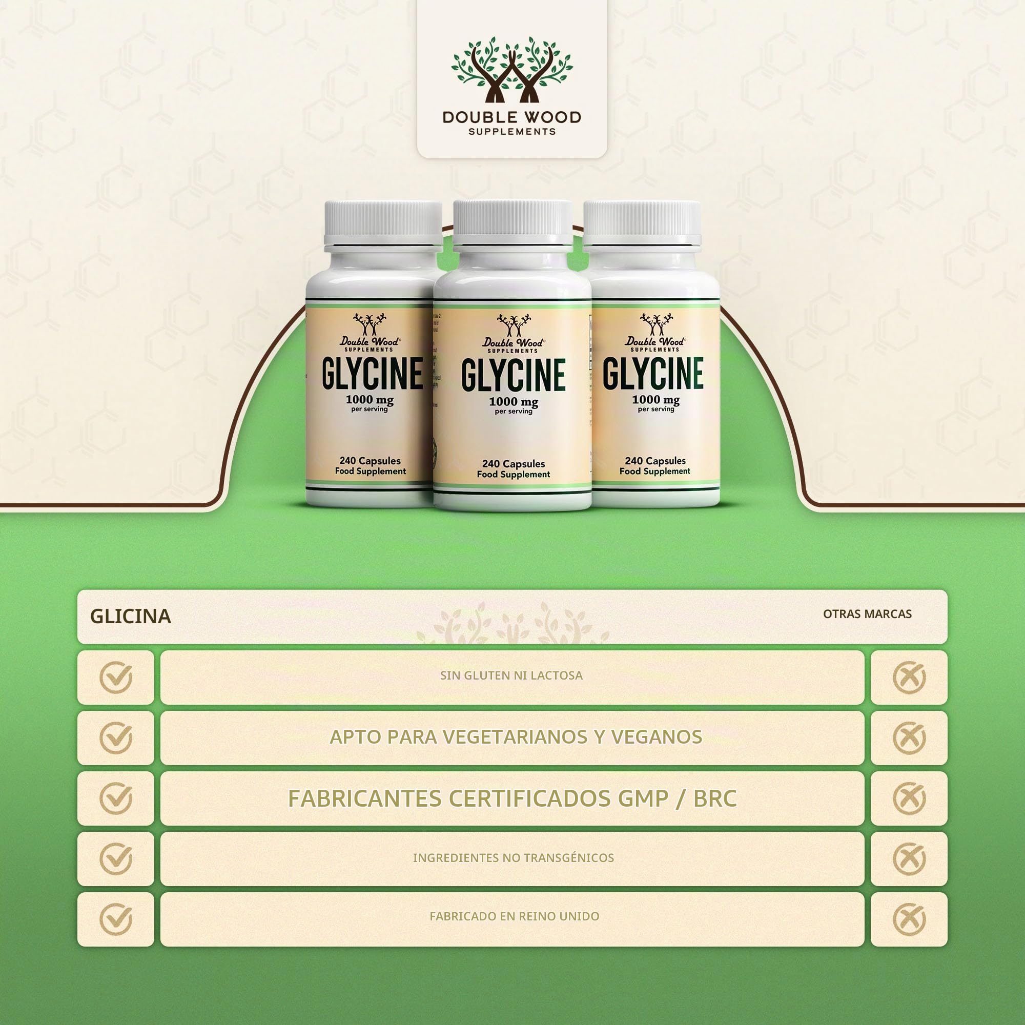 Double Wood Glicina Suplemento | 240 Glicina Capsulas de Alta Potencia - 1000mg de Glycine por Porción | Suplemento de Aminoácidos | Sin OGM y Gluten | Fabricado en el Reino Unido.