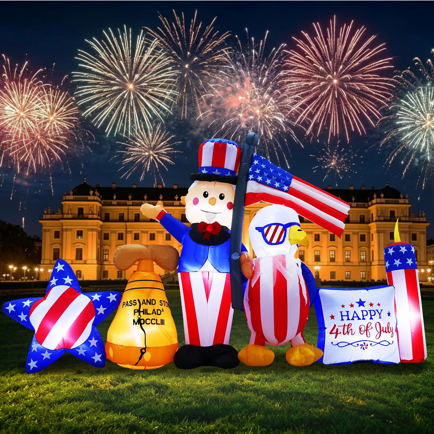 10.7FT Long 4th of July Inflatables Outdoor Decorations, Patriotic Independence Day Inflatable Uncle Sam Combo, Built in LED Lights Holiday Blow Up for Party Garden Yard Lawn Decor