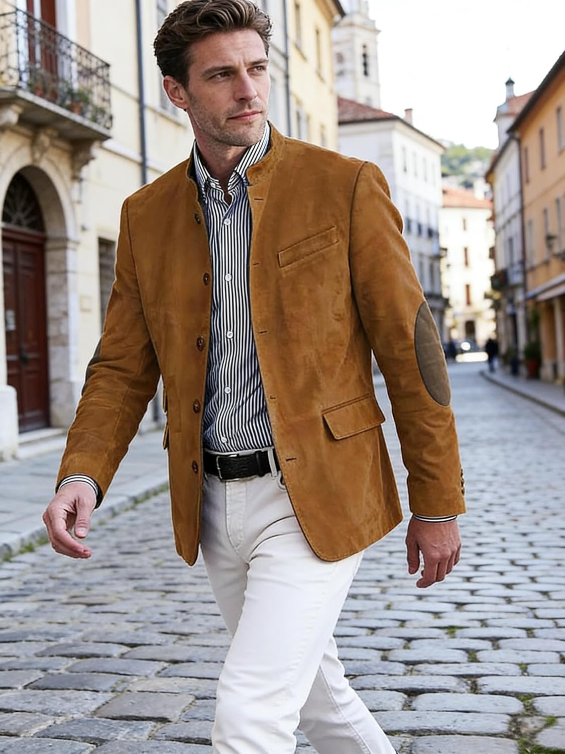 Men's Vintage Suede Blazers Retro Single Breasted Suit Jacket Casual Sports Coat