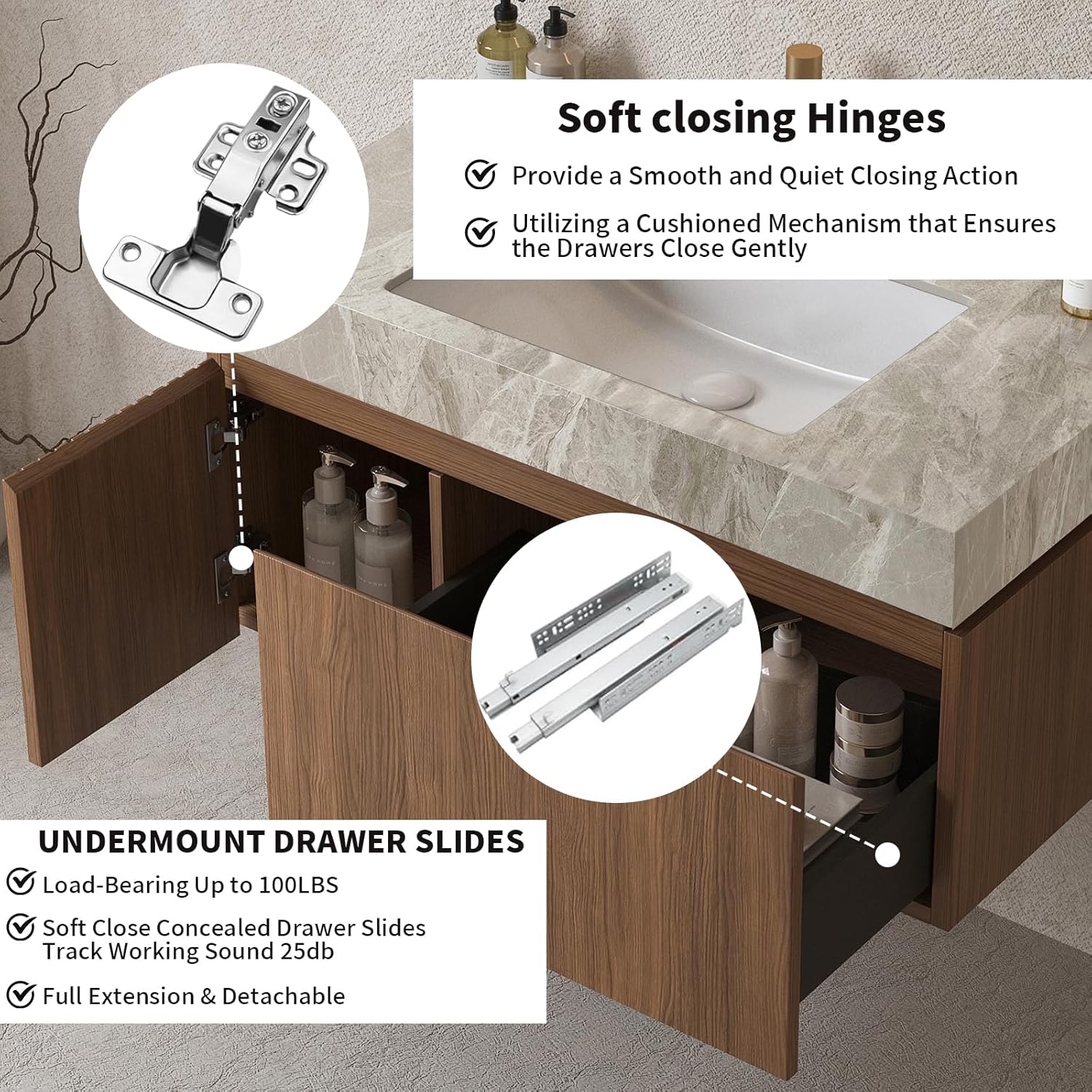 LKTART Floating 36 Inch Bathroom Vanity with Sink, Modern Plywood Wall Mounted Bathroom Storage Cabinet with 1 Door and 1 Drawer, Roma Travertine-Pattern Sintered Stone Countertop and Ceramic Basin