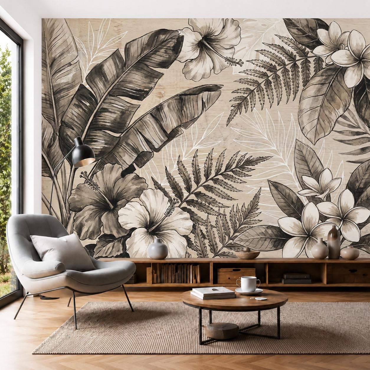Papier peint fleurs tropicales gris pour un salon exotique moderne chic