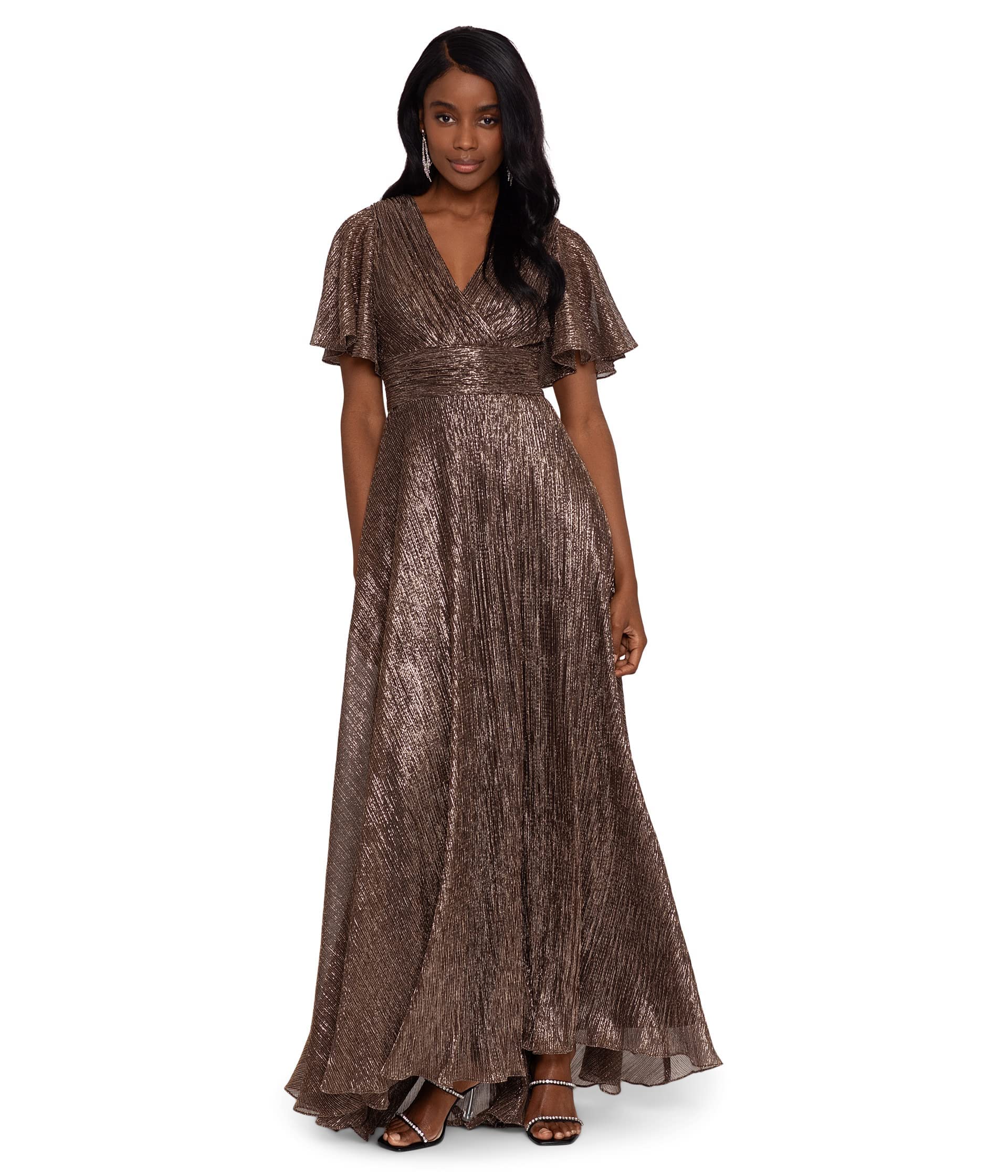 Betsy & Adam Long V-Neck Flutter Sleeve Dress