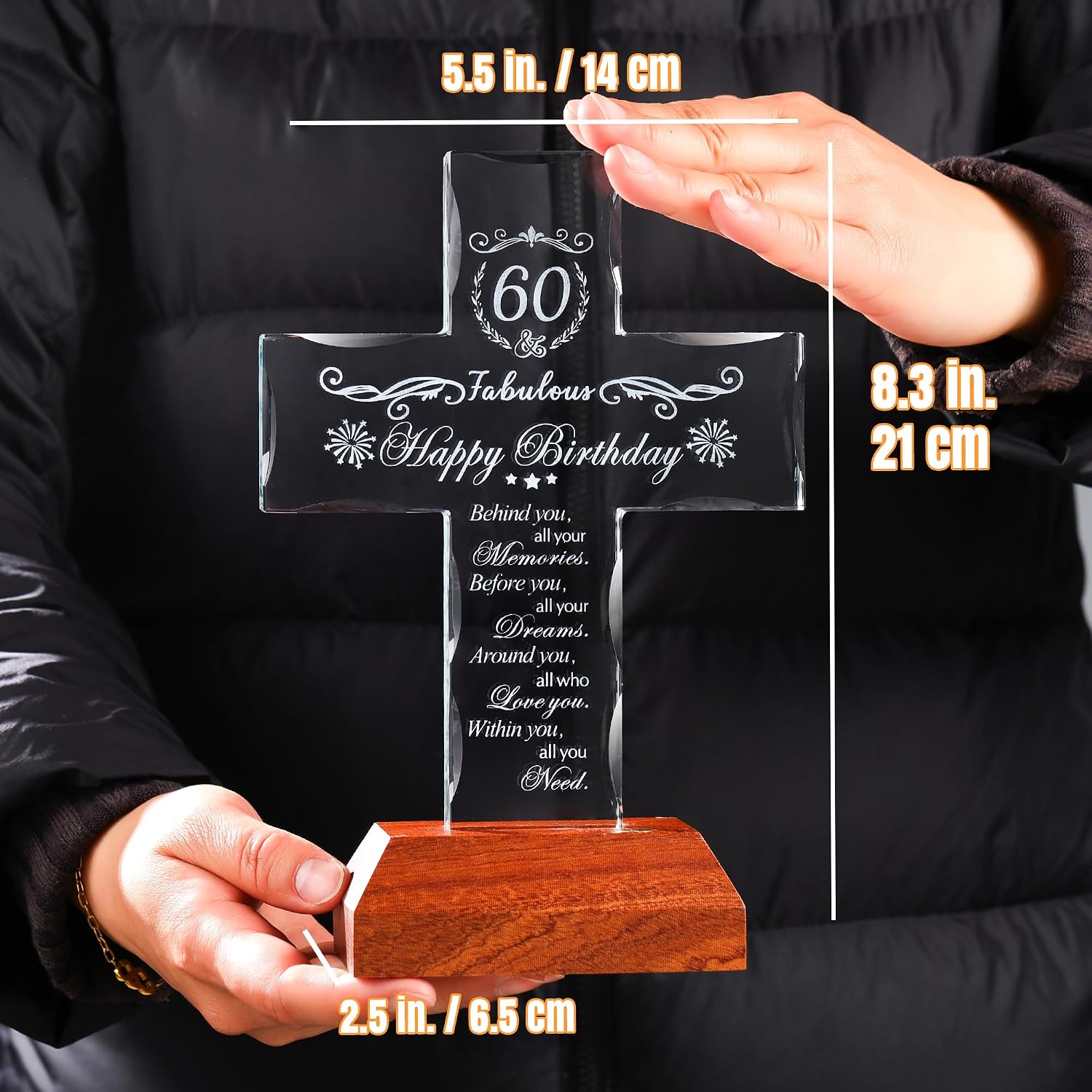 Ornalrist Happy 60th Birthday Religious Gifts for Women, Men, Friend - 60 Year Old Birthday Present for Him, Her - 60th Birthday Glass Cross Multicolor LED Wooden Base Keepsake Home Decor