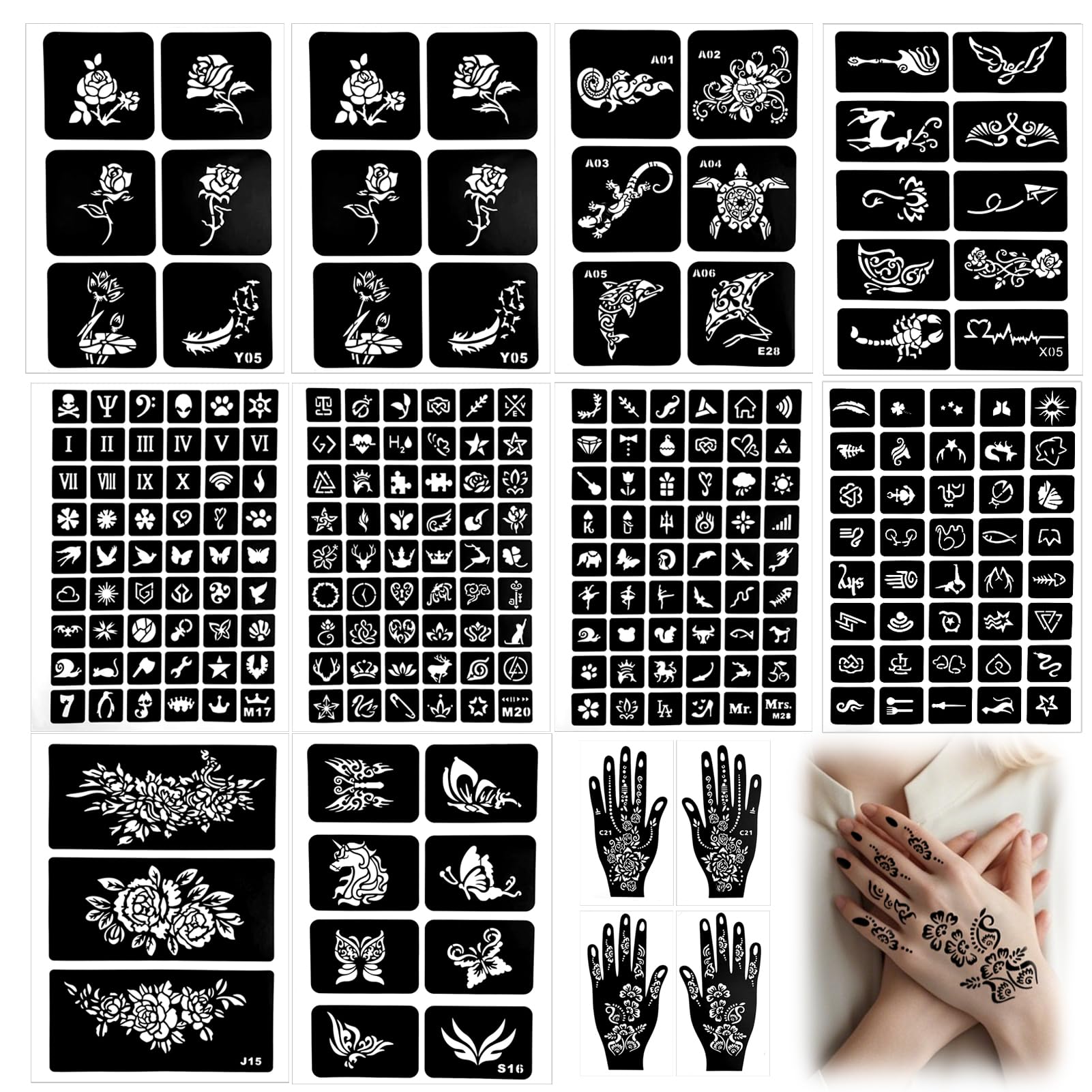 Henna Tattoo Stencil Kit, Glitter Airbrush Flower Stencils for Body Art, Face Painting, Mehndi Designs, Realistic Temporary Tattoos for Women and Girls