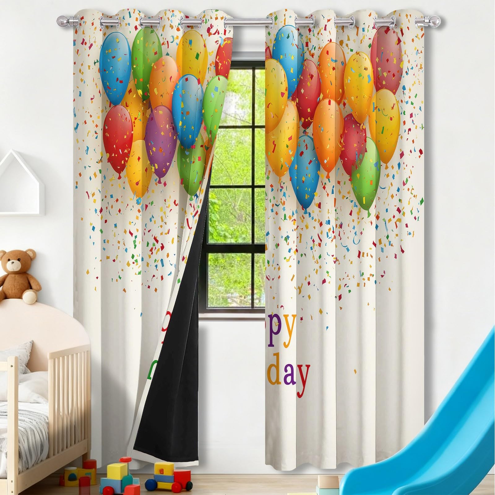 Zasłony kolorowe, nieprzejrzyste, zestaw 2 sztuk wys. 245 x szer. 140 cm, festiwalowe, balony konfetti, zasłony zaciemniające do szyn, zasłony termiczne do salonu i sypialni, zaciemniające zasłony