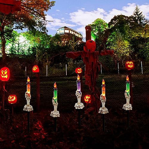 Miniatura 7 de WATERGLIDE Juego de 5 estacas de luz para velas de Halloween, diseño de manos de esqueleto, resistentes al agua, funciona con pilas con