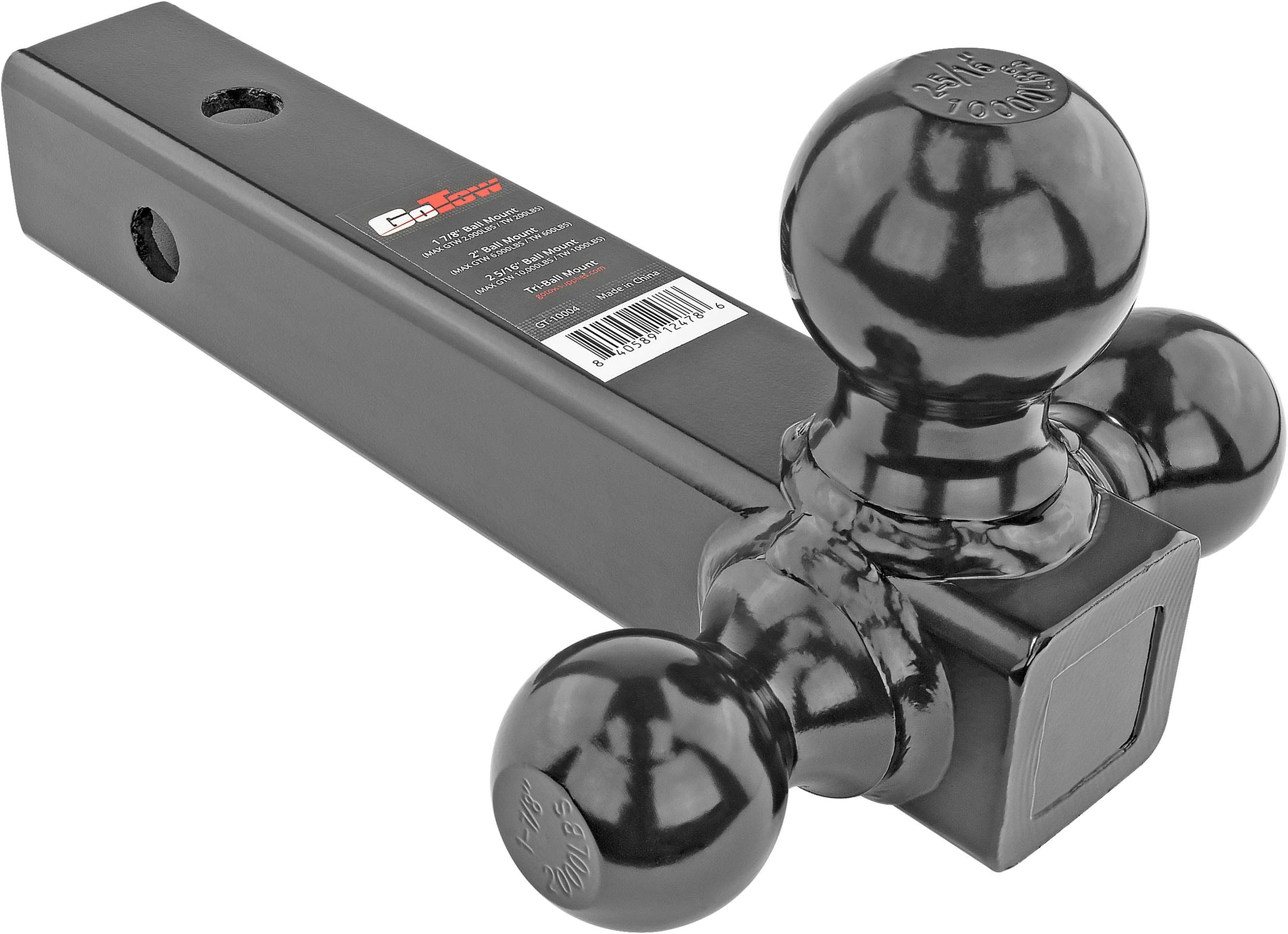 GoTow GT-10004 Tri-Ball Mount Trailer Hitch, Class 2, 3, and 4-Fits 2" Receiver for Pickup Truck, SUV, Heavy Duty Loads, Black