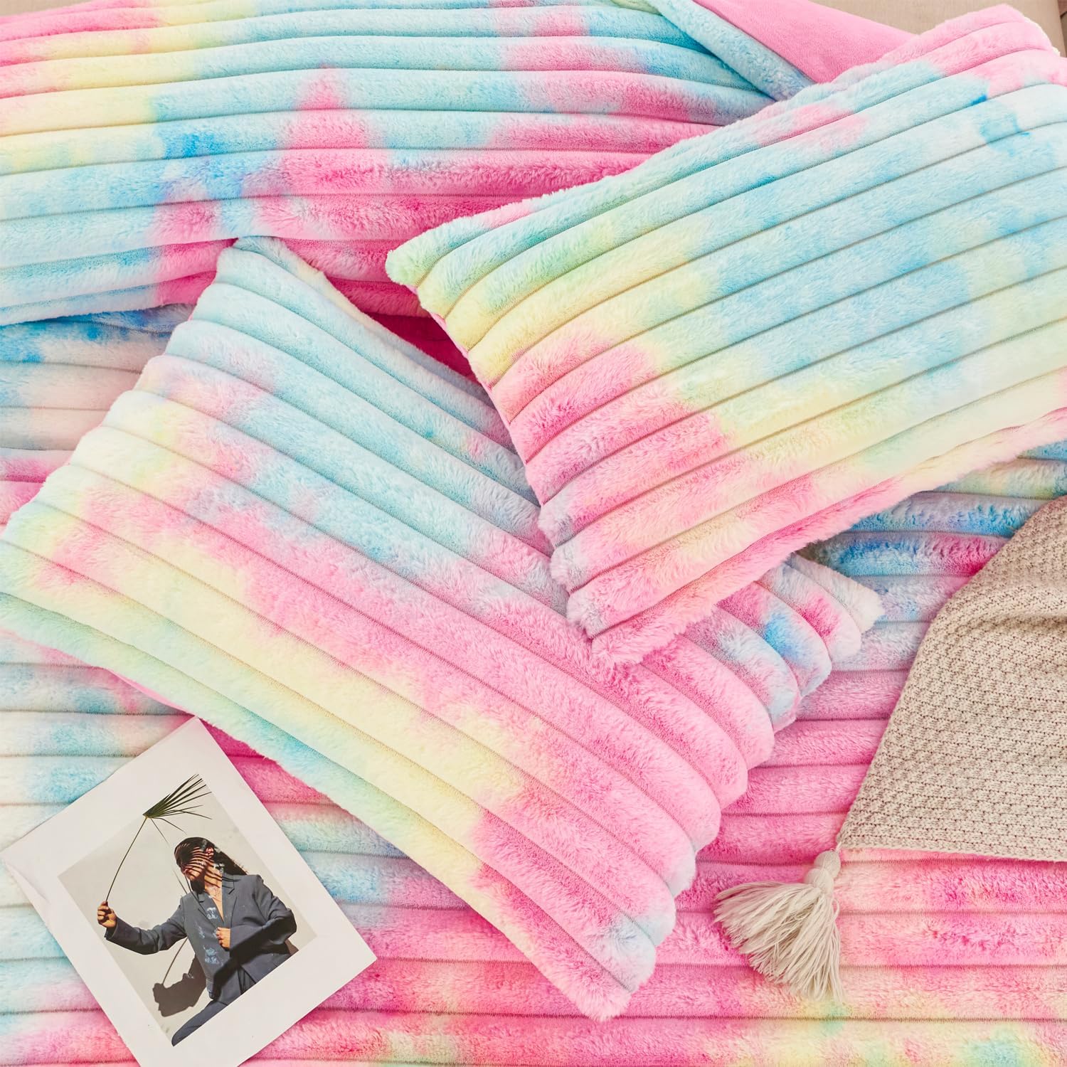 ANGIYUIN 3 Pieces Fluffy Twin Duvet Cover Sets for Girls Faxu Fur Plush Shaggy Kids Bedding Cover Set Tie Dye Pink Fuzzy Comforter Cover Set(Pink Rainbow Tiwn) - Image 7