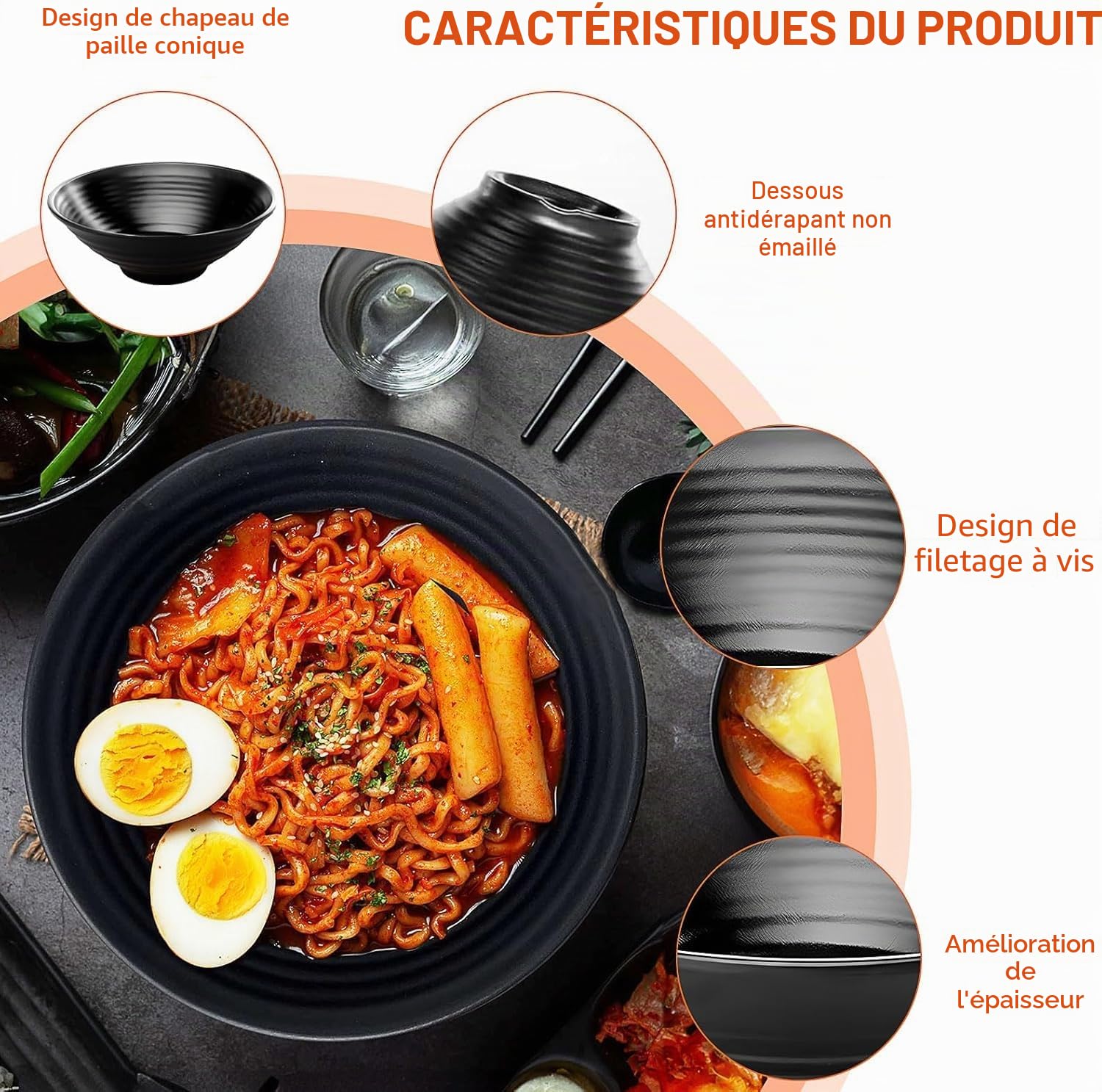 Lot de 4 bols à ramen japonais de 1200 ml avec baguettes et cuillères, bols à nouilles japonaises incassables en mélamine pour salade, céréales, riz, Pho, passent au lave-vaisselle (noir)