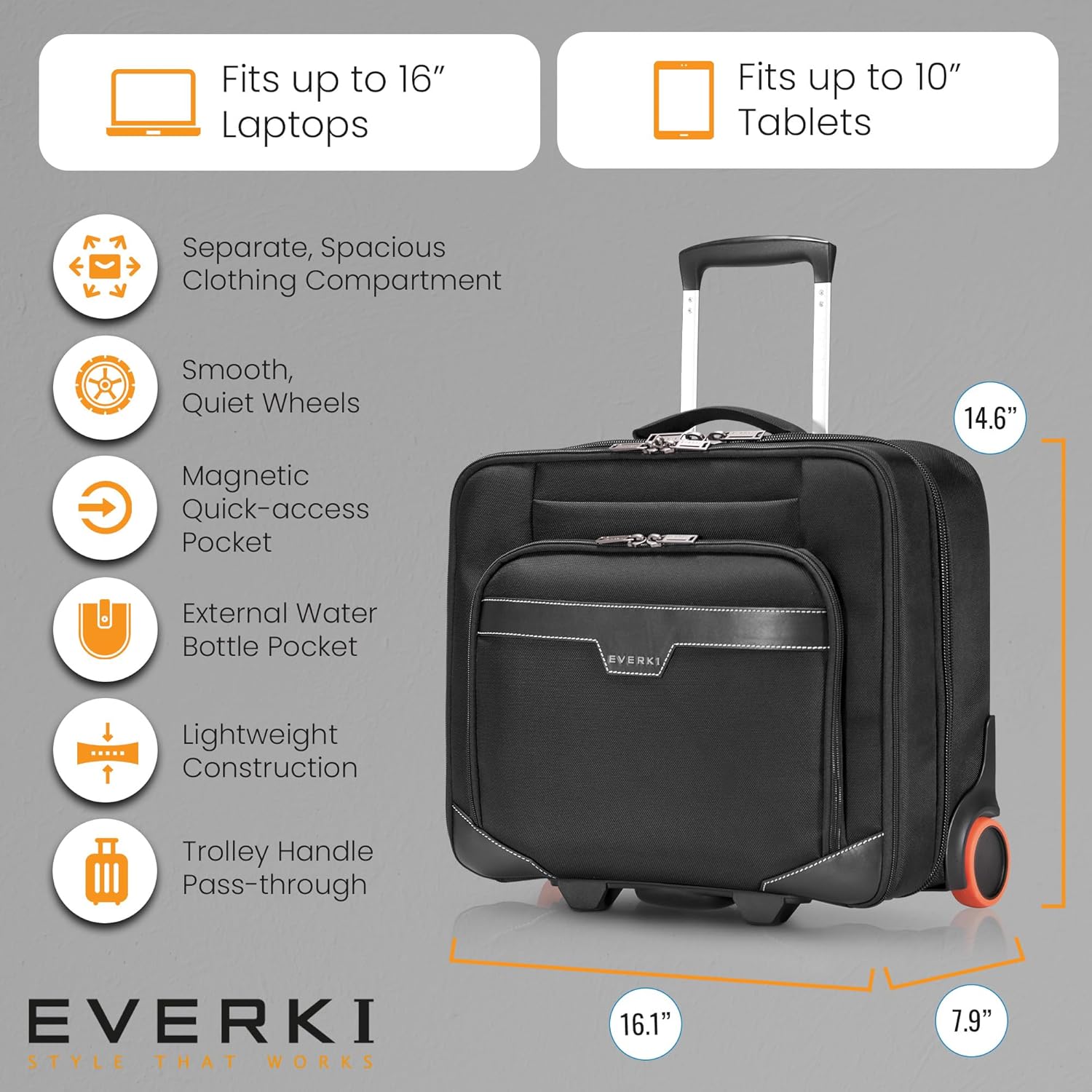 EVERKI Journey 16-Inch Laptop Trolley Rolling Briefcase for Business Professionals – Travel-Friendly Carry-On Laptop Bag, Lightweight Office Bag with Wheels, Roller Laptop Briefcase, Black (EKB440)