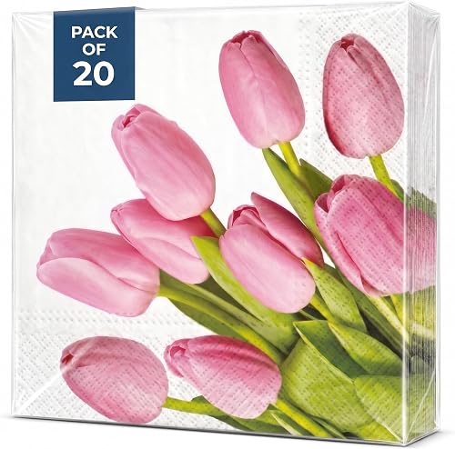 Lovely Pink Tulips Floral Napkins for Decoupage, 20 Count 13 Inch Decoupage Napkins for Crafting, Soft 3-Ply Decoupage Tissue Paper Disposable Premium Printed in Poland