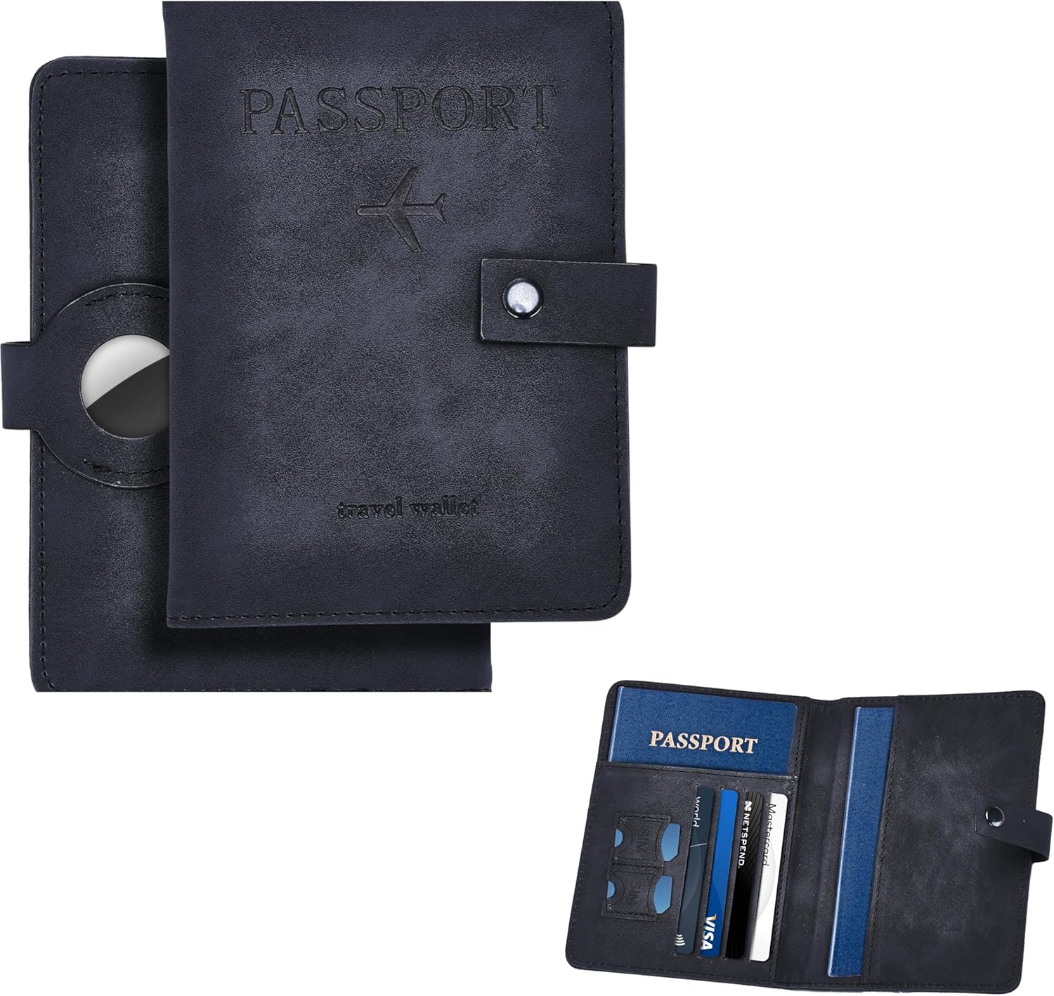 Fidelo Passport Holder with Airtag – Faux Leather Passport Cover Organize and Protect Travel Essentials – Loop Design and Sturdy Snap Button Passport Wallet – Passport Book Cover – Black