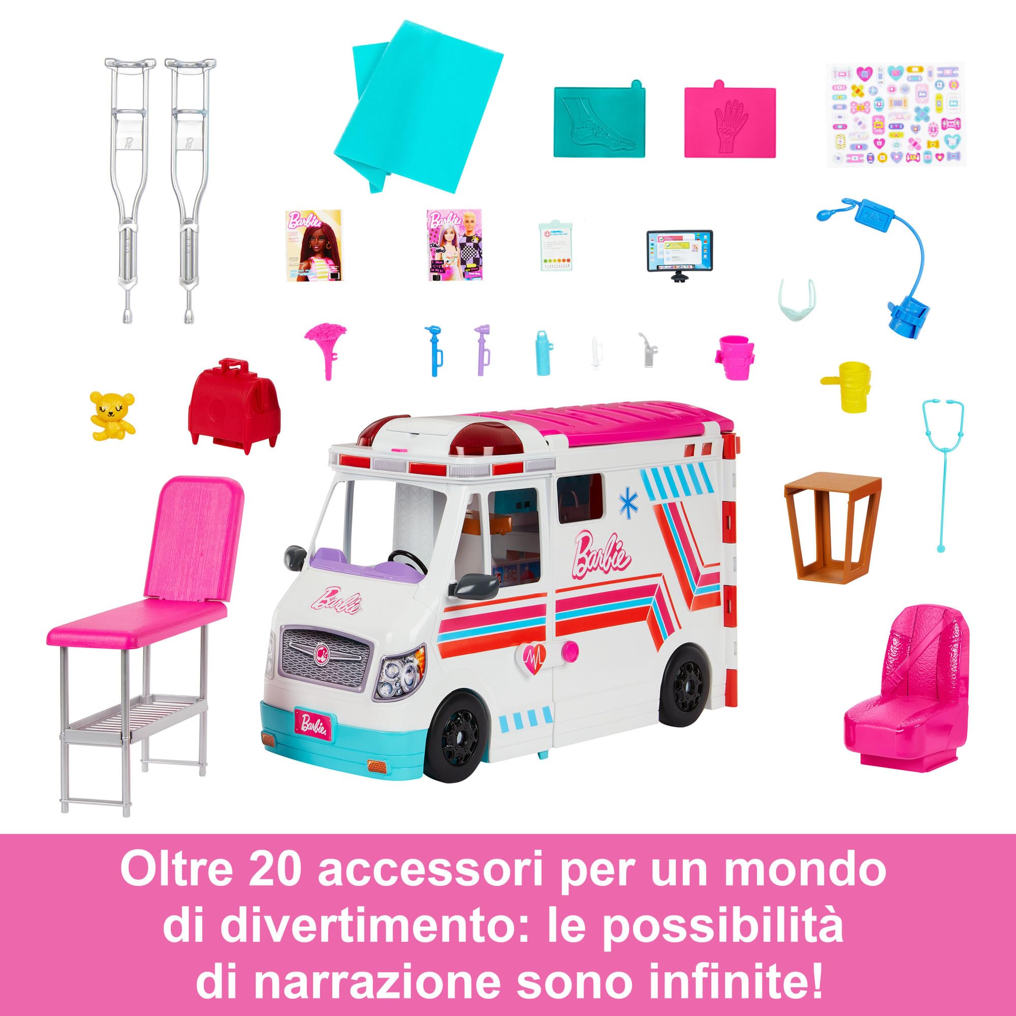 Barbie - Playset Ambulanza, veicolo di primo soccorso con luci, suoni e 20+ accessori, giocattolo per bambini, 3+ anni, HKT79