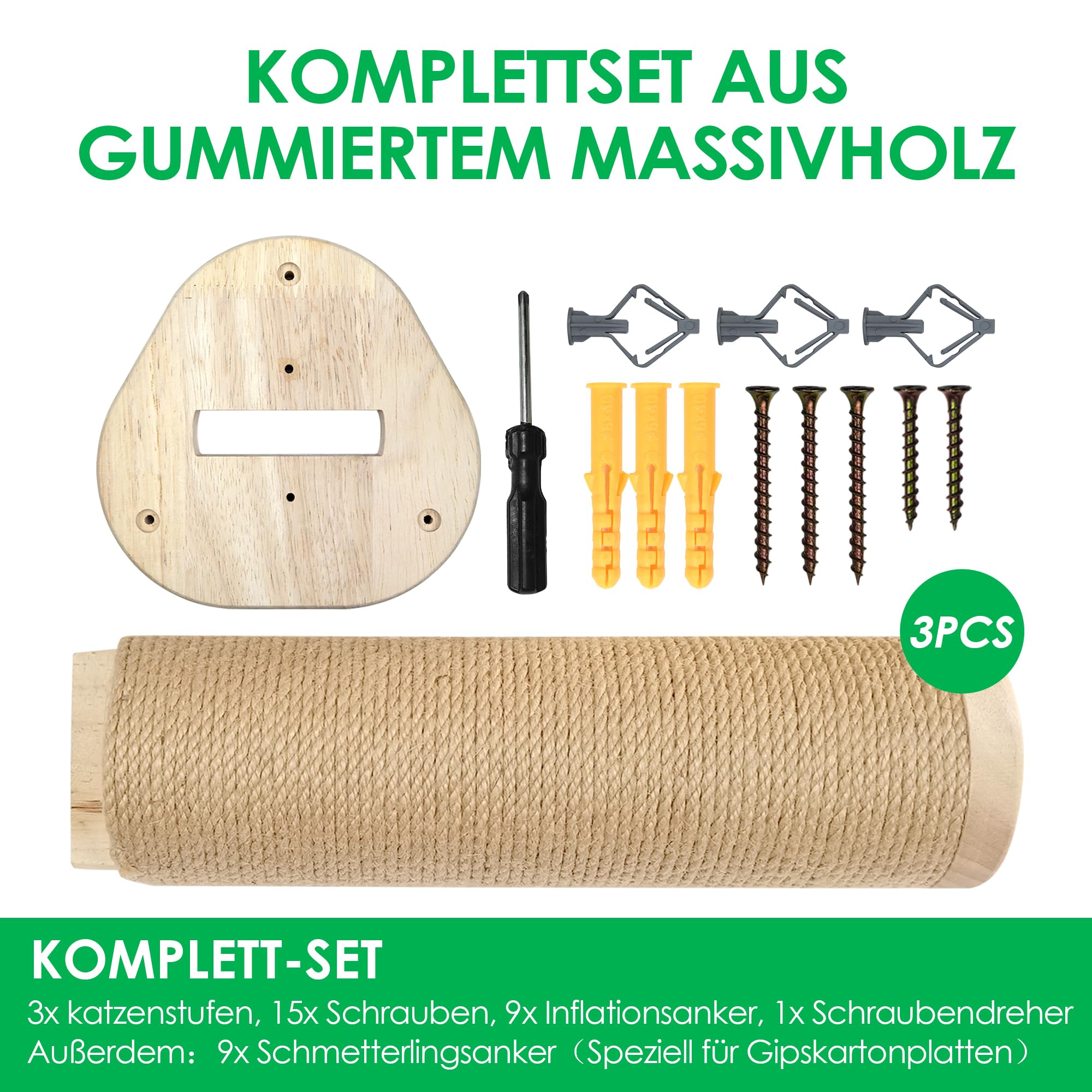 Ściana schodowa dla kota, stopień wspinaczkowy (3 szt.), z nowym połączeniem czop-rowkiem, masywne drewno gumowe, Ø 9 x dł. 32 cm, słupki sizalowe, montaż na ścianie, jutowe drapaki, ściana