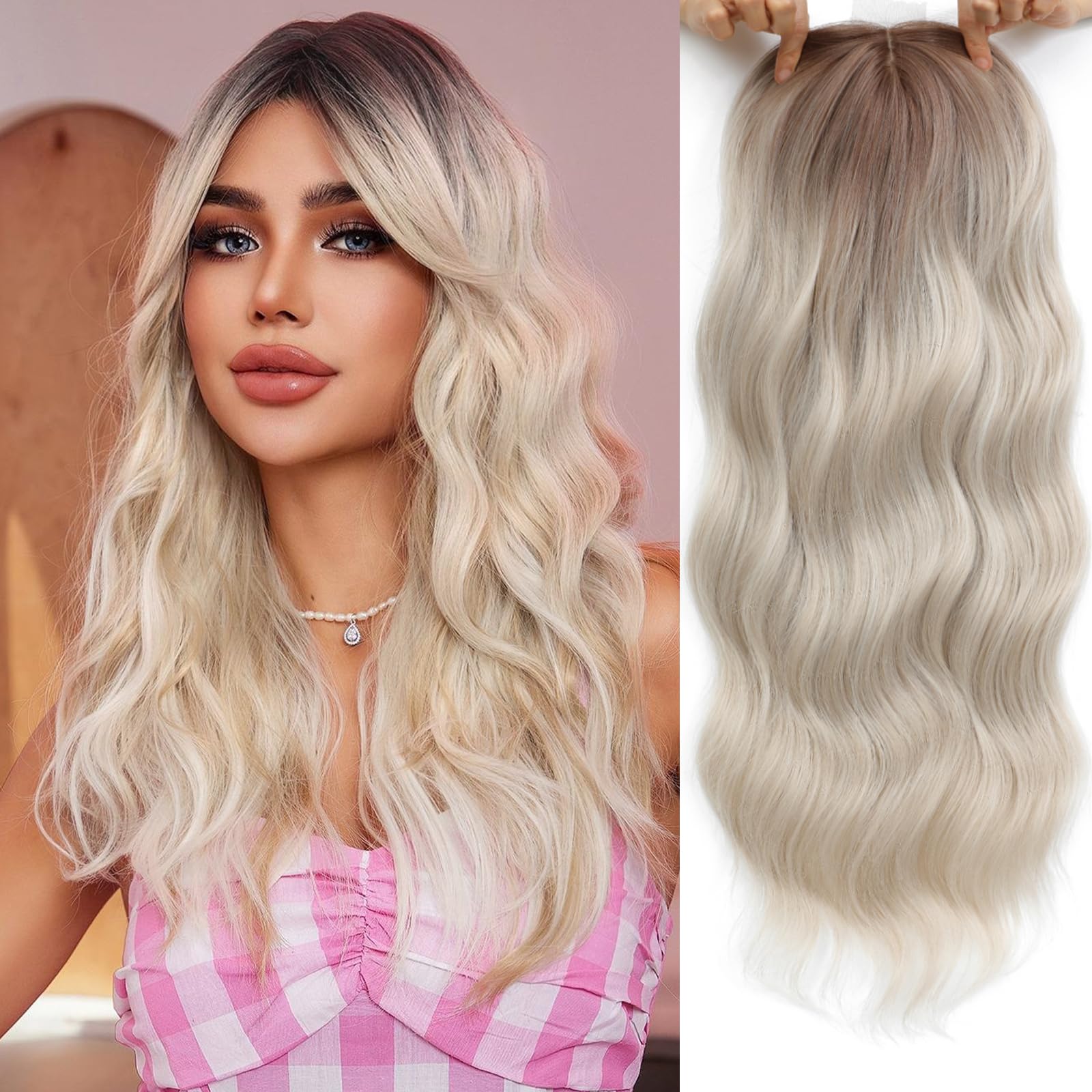 Hair Toppers for Women, 20 Inch Toppers Hair pieces for Women with Thinning Hair Big Base Curly Wavy Wiglets Cover 360° 3D Middle Part Clip in Bangs (Highlights Ash Blonde with Brown Root)