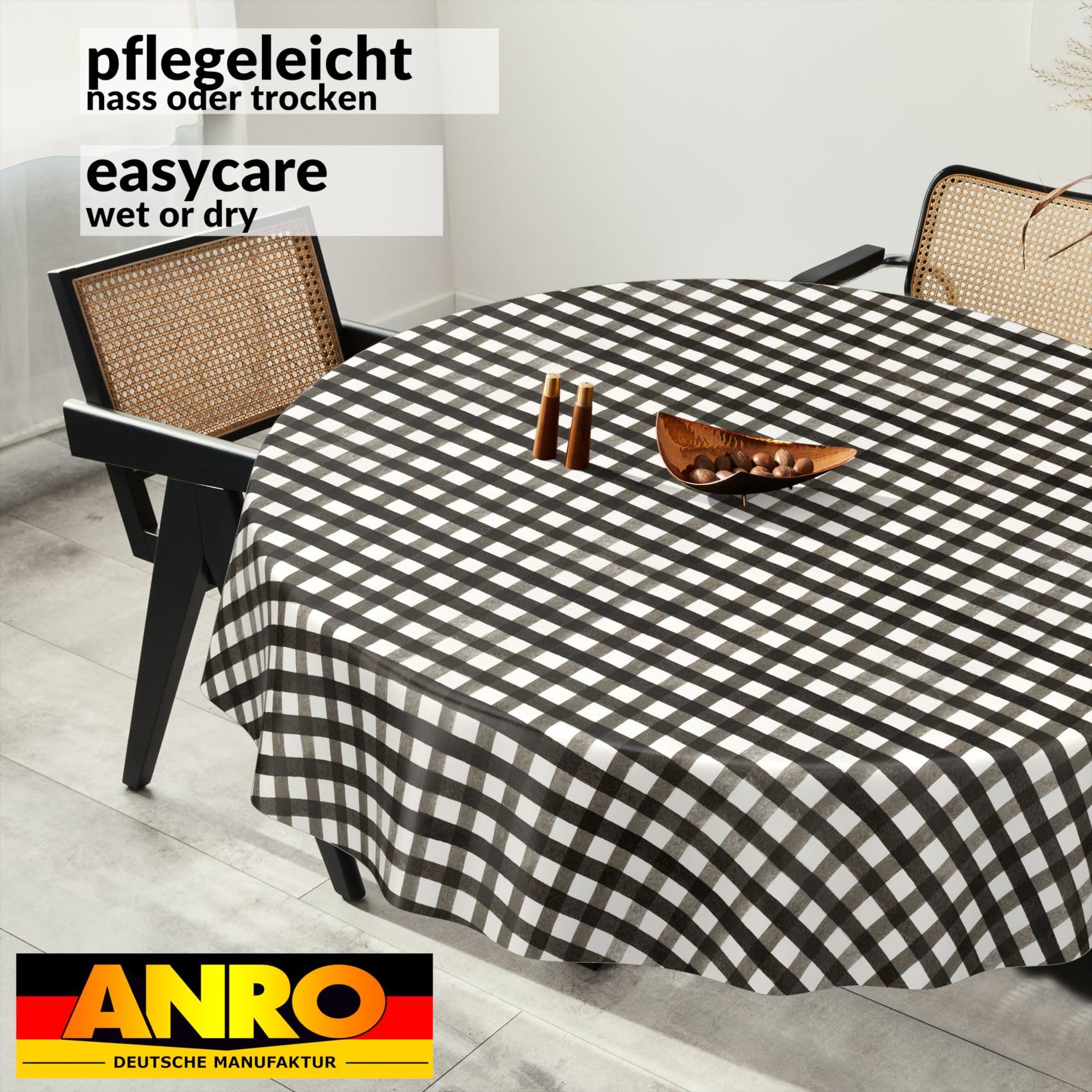 ANRO Oilcloth Tablecloth, Washable, Oilcloth, Garden Tablecloth, Outdoor, Indoor, Round, 140 cm, Cut Edge, Chequered, Black - Image 4