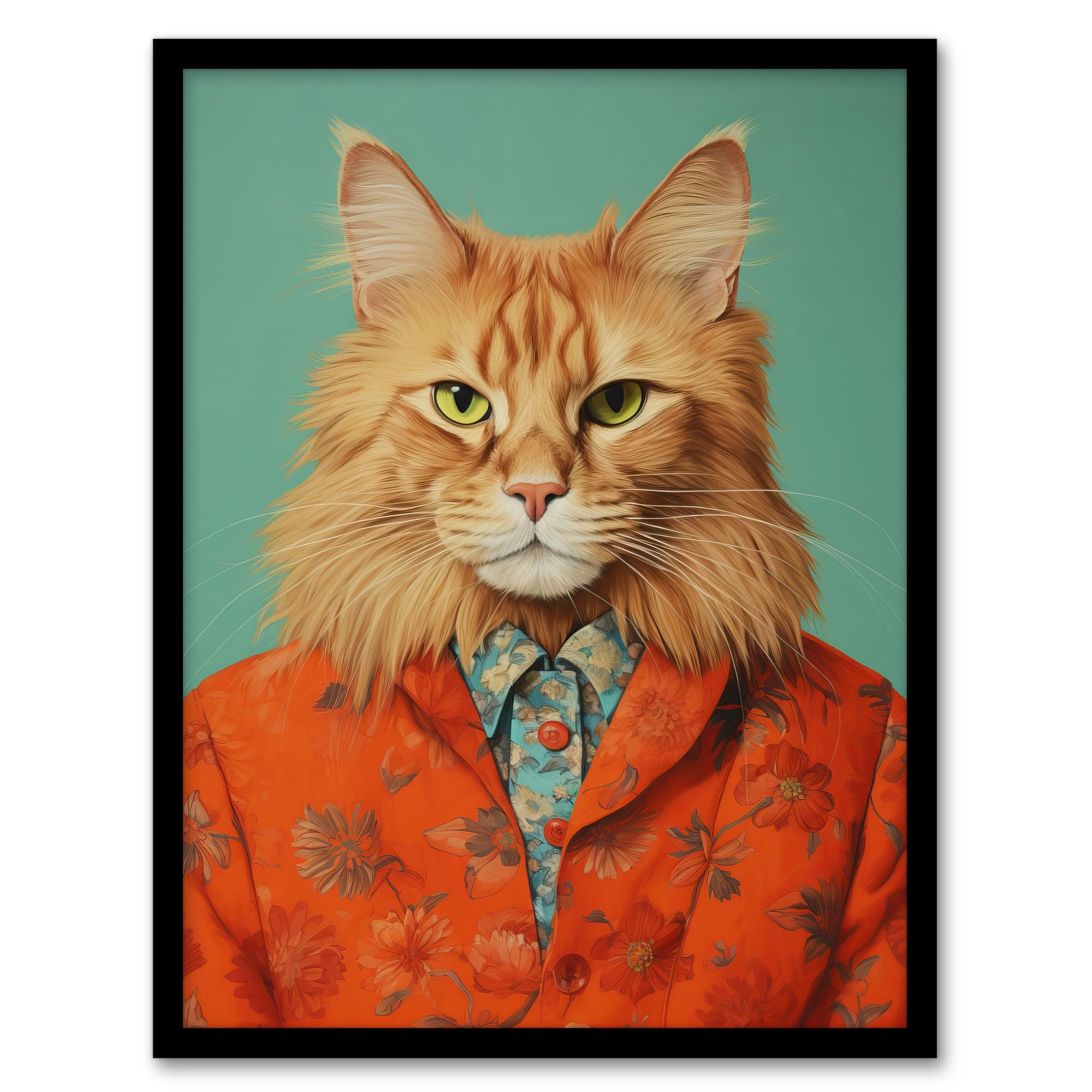 Wee Blue Coo Maine Coon Ginger Pet Cat Portrait Fun Artwork Framed Wall Art Print 18X24 Inch
