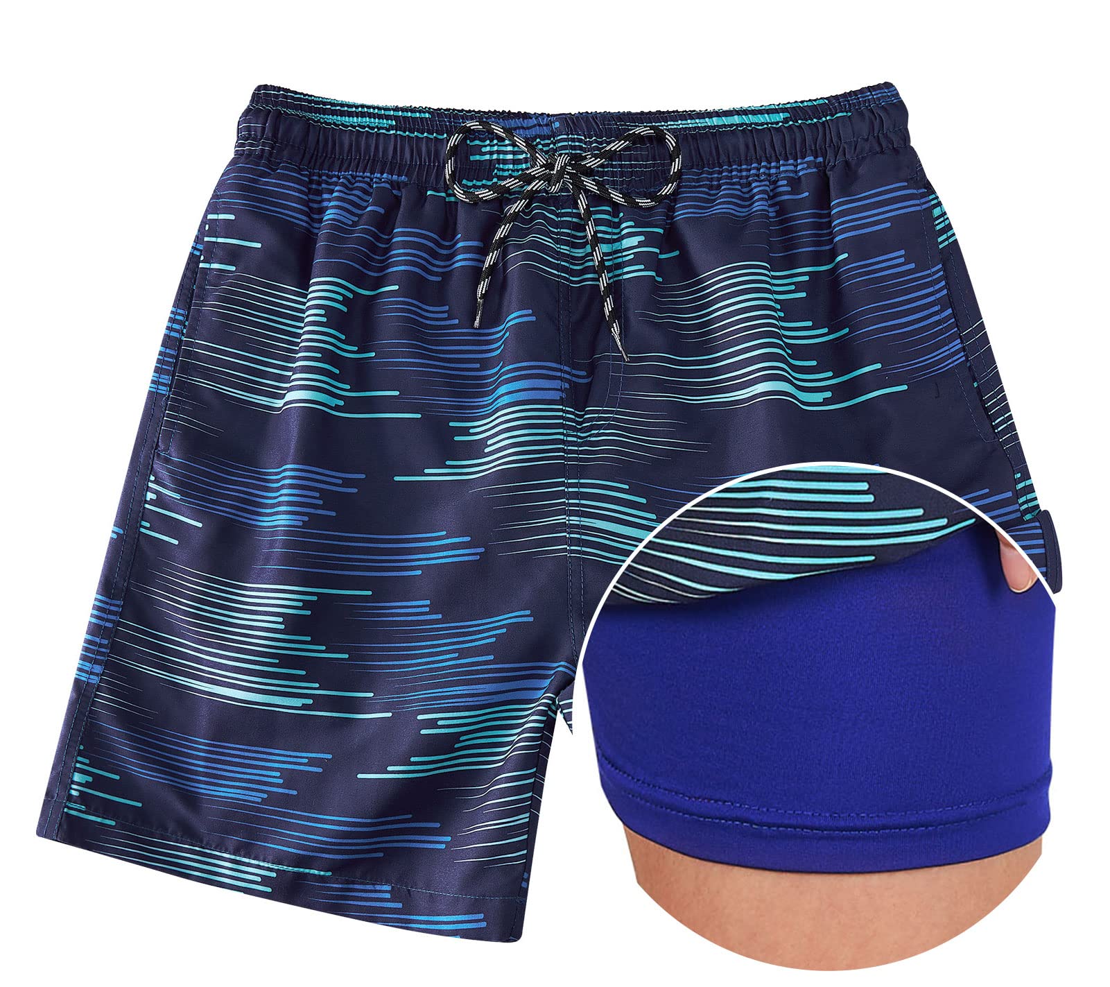 Boys Swim Trunks with Boxer Brief Liner Compression Swimwear Quick Dry Swim Shorts Bathing Suits 7-20 Years