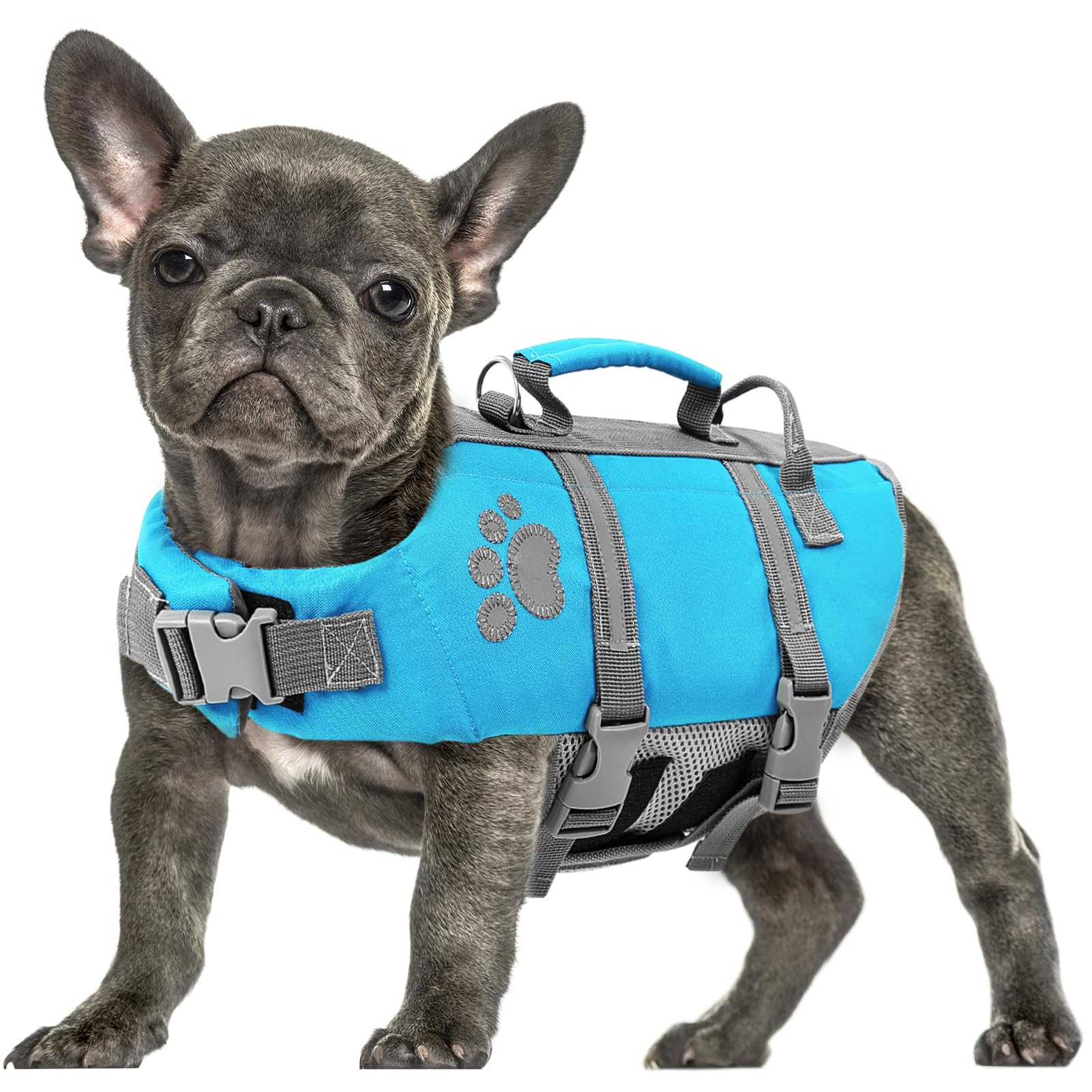 Queenmore Hundeschwimmweste Große Hunde, Ripstop Hunde Schwimmweste, Verstellbare Rettungsweste Hund Mit Griff, Reflektierende Schwimmwesten Für Große Französische Bulldogge, Kajak, Blau, L