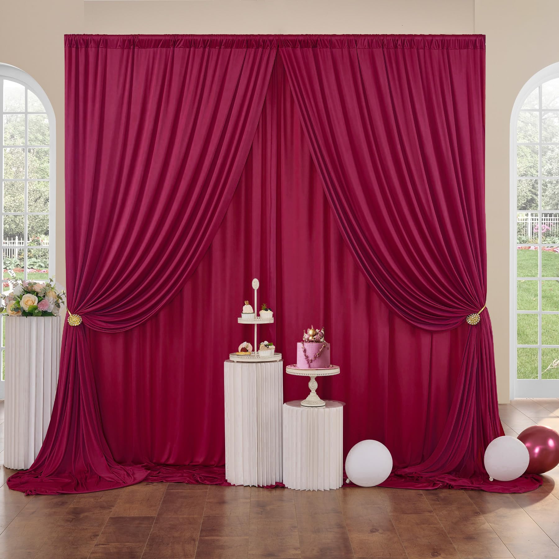 30 ft x 10 ft Wrinkle Free Maroon Backdrop Curtain for Parties, Polyester Burgundy Photo Backdrop Drapes 6 Panels 5x10ft for Baby Shower Wedding Birthday Party Engagement Ceremony Decoration