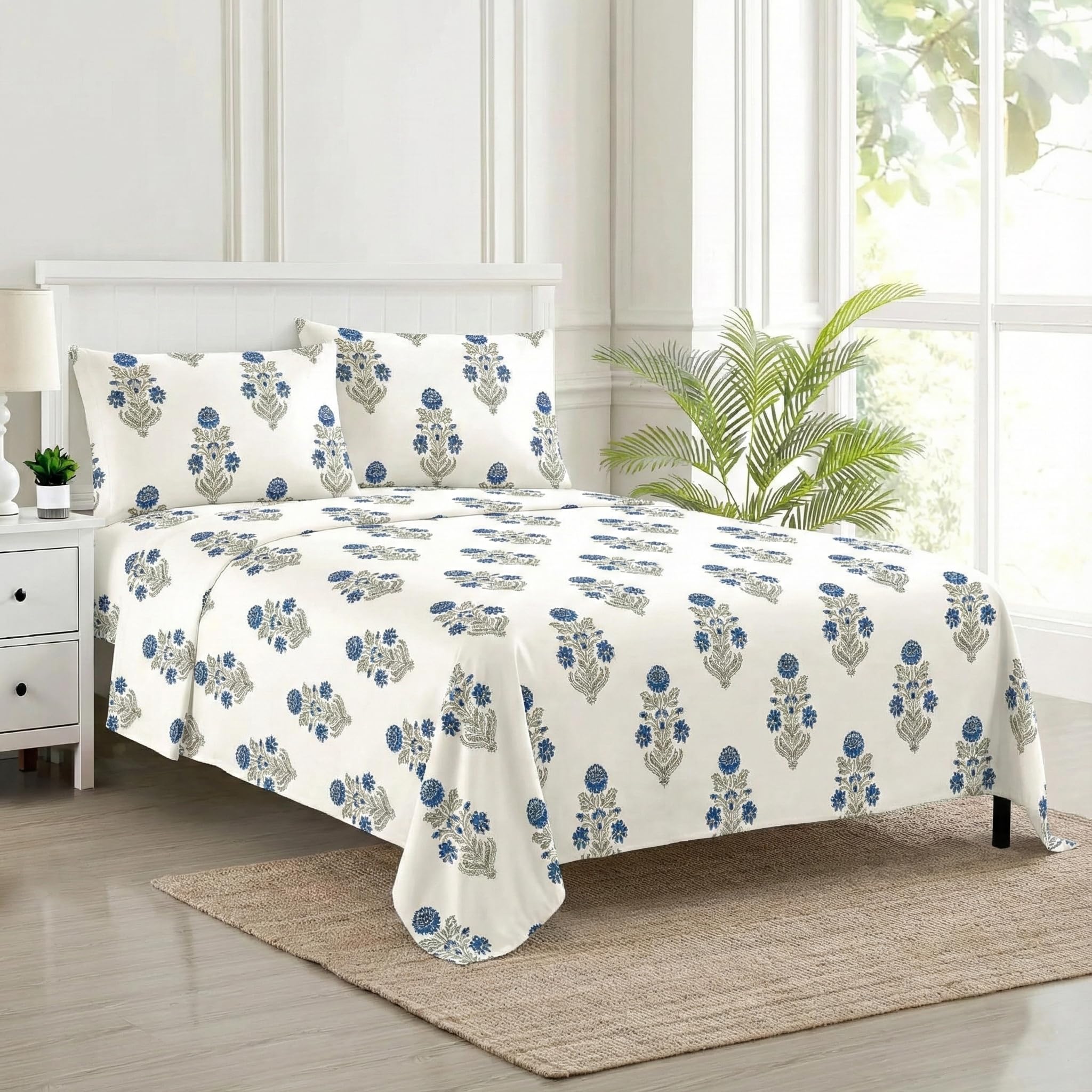 Trance Home Linen Premium 100% Cotton Queen Size Bedsheet, 1 Cotton Bed Sheet (90x104 Inches) with 2 Pillow Covers | 180 TC Bed Sheet (Aangan Blue)