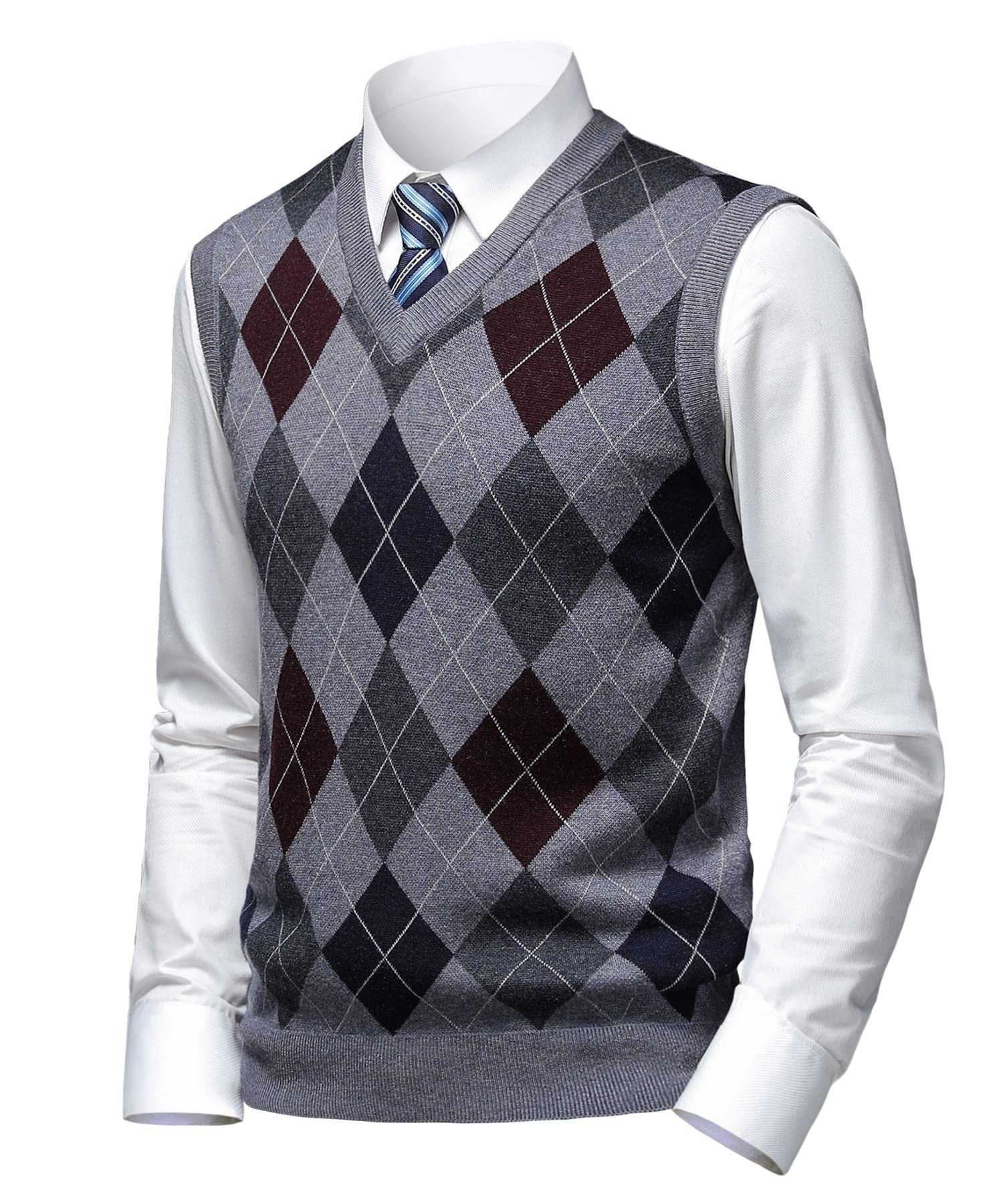 Mens Thick Argyle Sweater Vests Classic V-Neck Knitwear Sleeveless Pullover Autumn Winter Warm Tank Tops-image-38